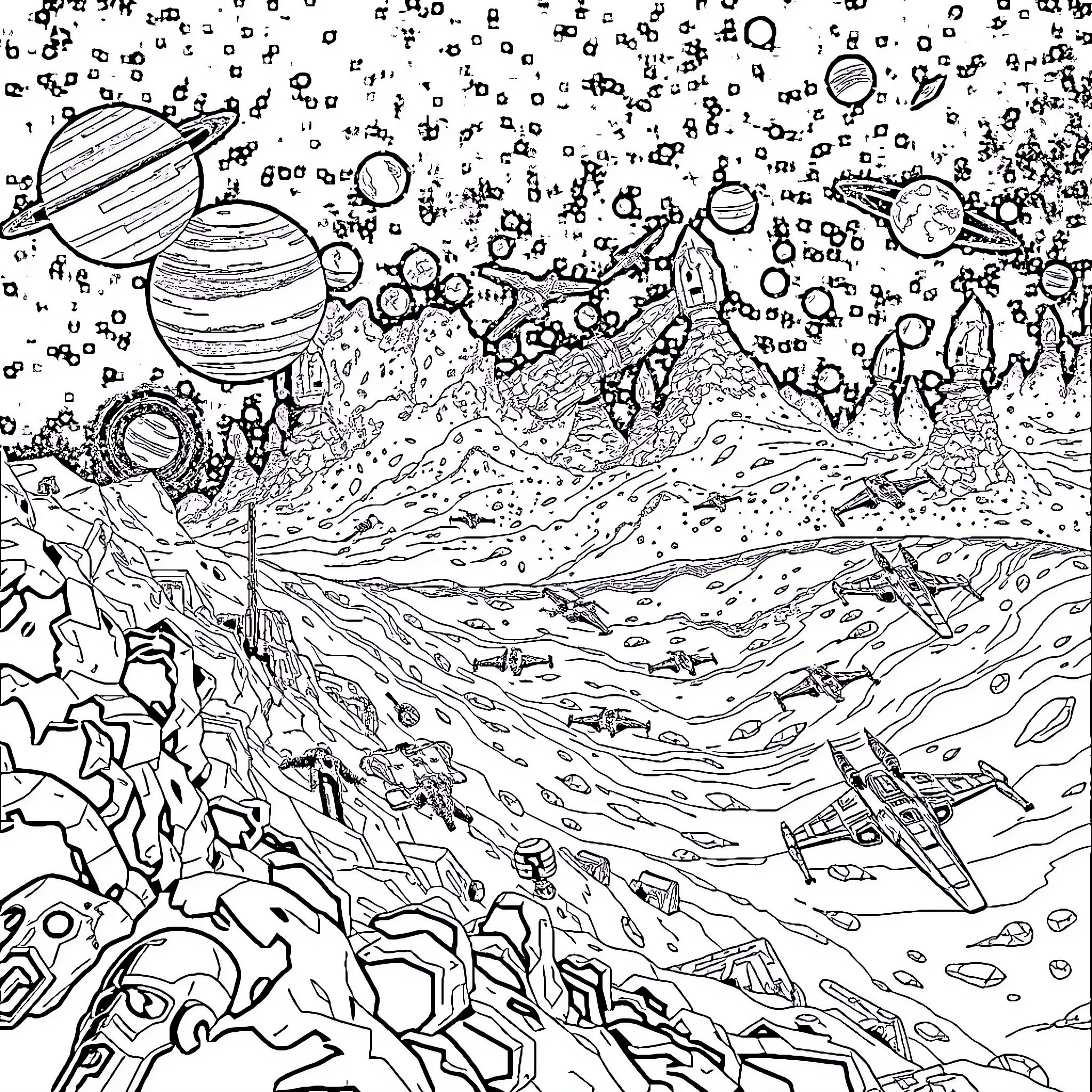 Star Wars: Interstellar Exploration and Cosmic Adventure Coloring Page (free black-and-white line drawing printable PDF for all, from beginners to advanced learners, including children, teens, adults, and seniors)