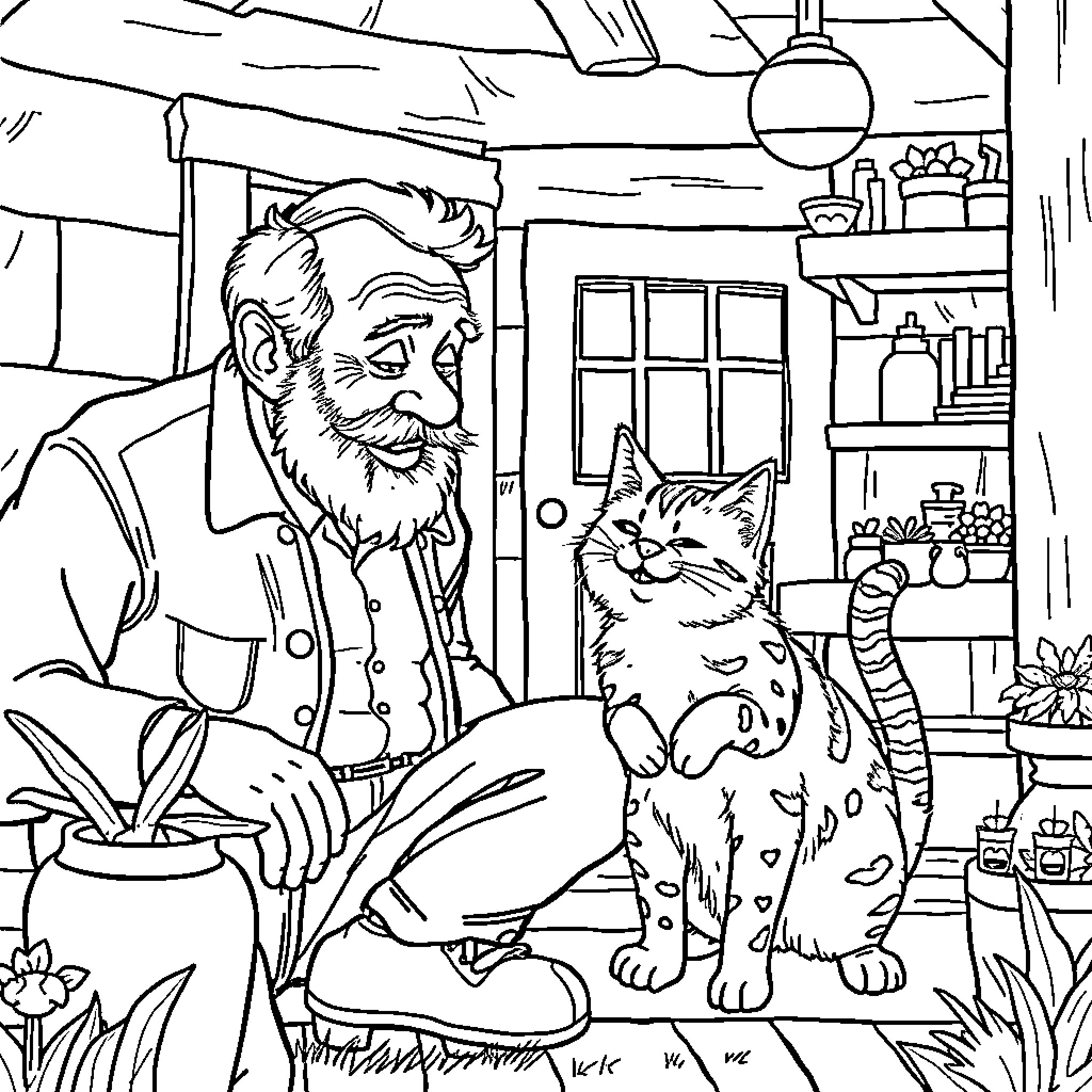 Pettson and his Beloved Feline Friend in Their Cozy Abode Coloring Page (free black-and-white line drawing printable PDF for all, from beginners to advanced learners, including children, teens, adults, and seniors)