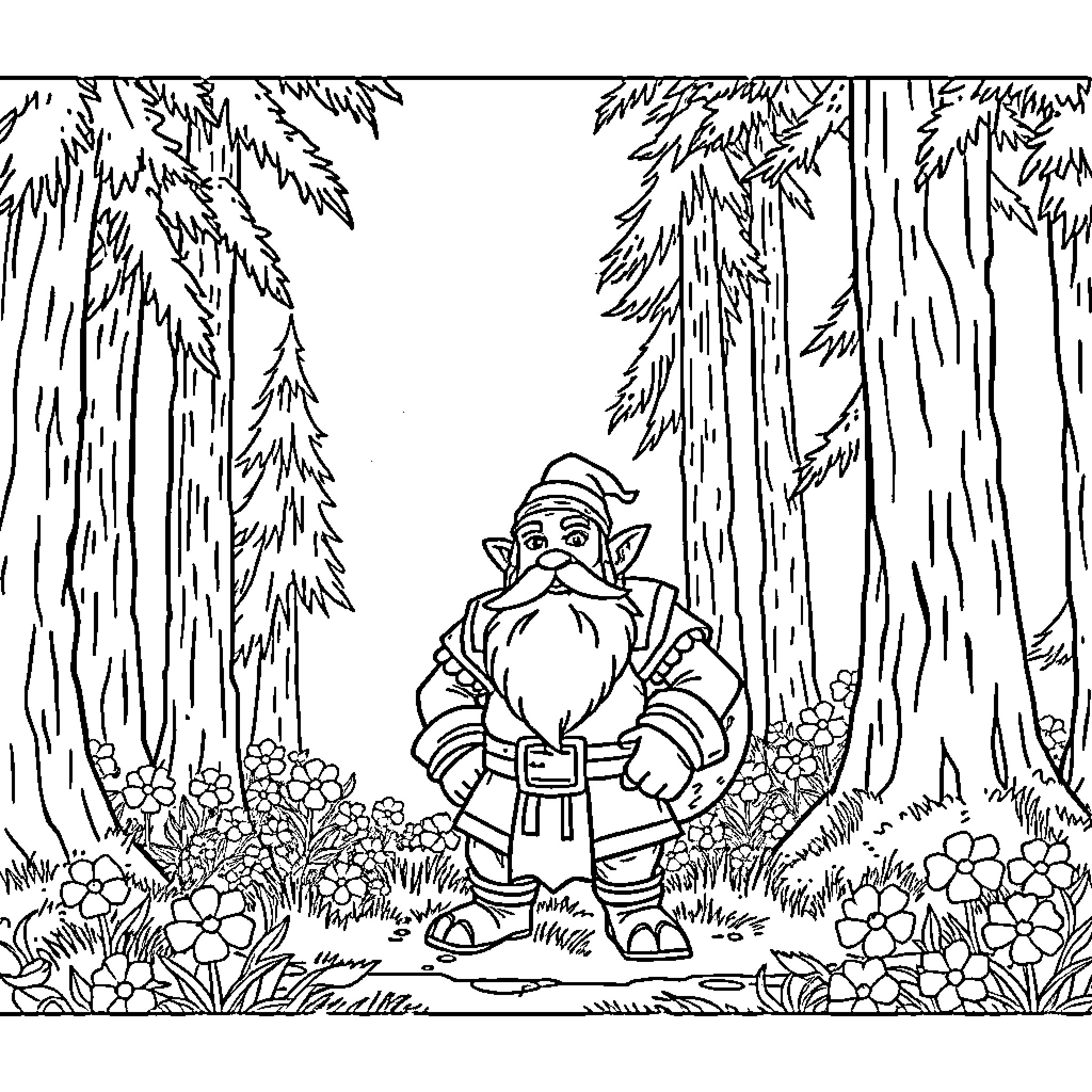 Dwarf exploring enchanted forest Coloring Page (free black-and-white line drawing printable PDF for all, from beginners to advanced learners, including children, teens, adults, and seniors)