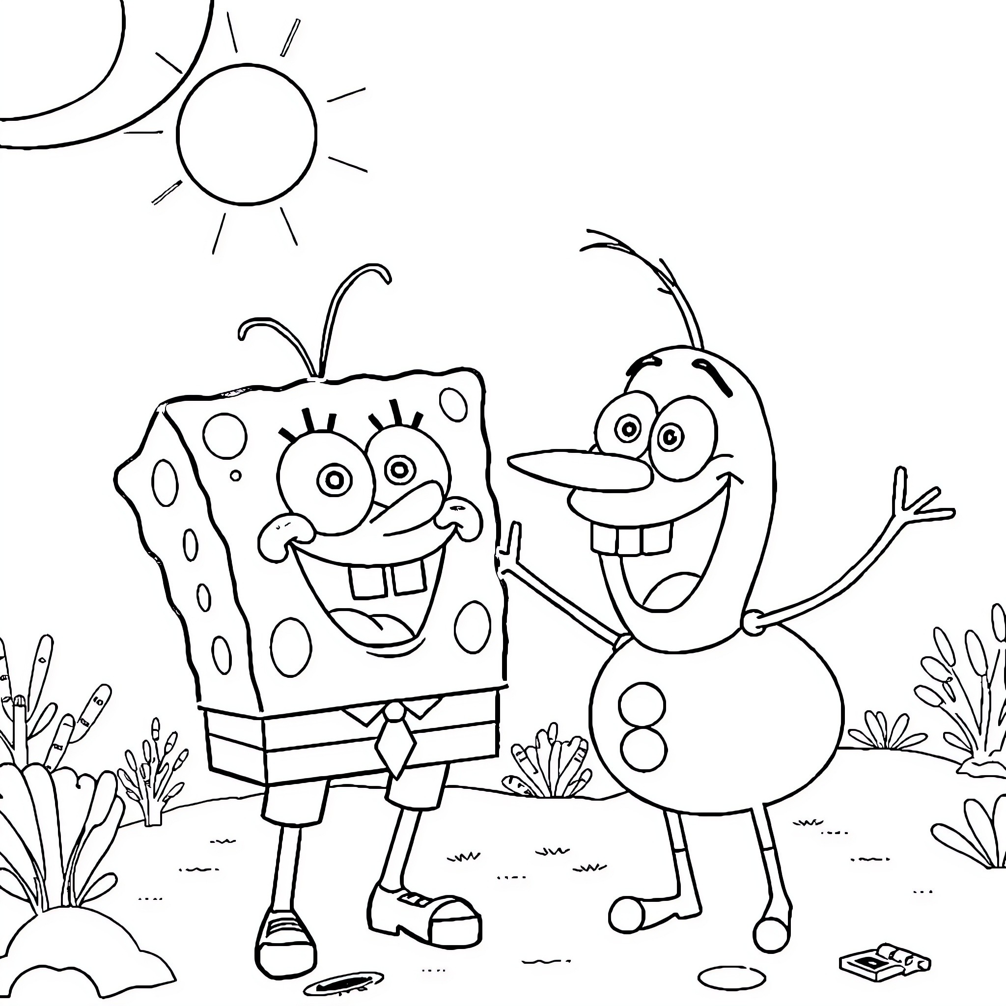 Spongebob and Olaf having a playful adventure Coloring Page (free black-and-white line drawing printable PDF for all, from beginners to advanced learners, including children, teens, adults, and seniors)