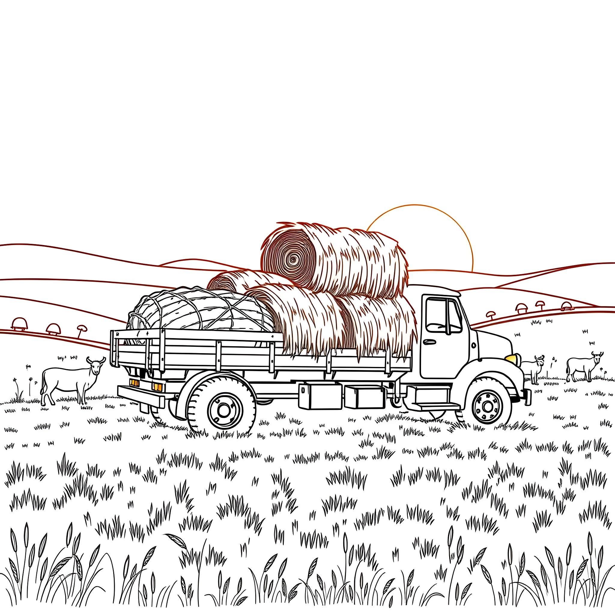 Hay Truck Transporting Bales on Rural Landscape Coloring Page (free black-and-white line drawing printable PDF for all, from beginners to advanced learners, including children, teens, adults, and seniors)