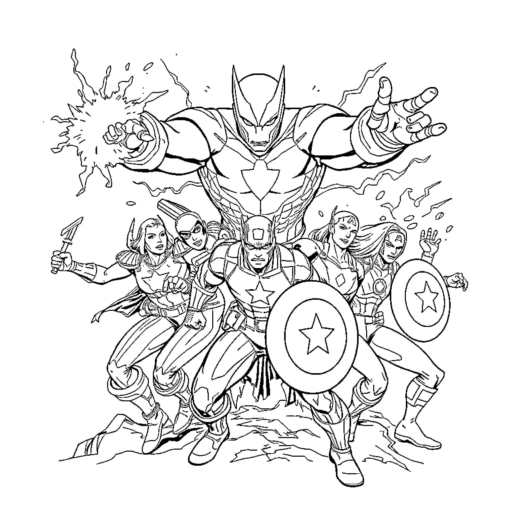 Avenger team in action-packed heroic pose Coloring Page (free black-and-white line drawing printable PDF for all, from beginners to advanced learners, including children, teens, adults, and seniors)