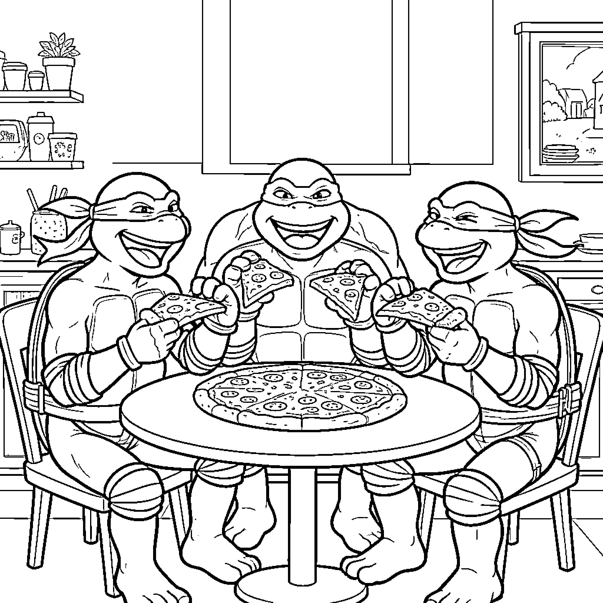 Teenage Mutant Ninja Turtles enjoying pizza at a table Coloring Page (free black-and-white line drawing printable PDF for all, from beginners to advanced learners, including children, teens, adults, and seniors)