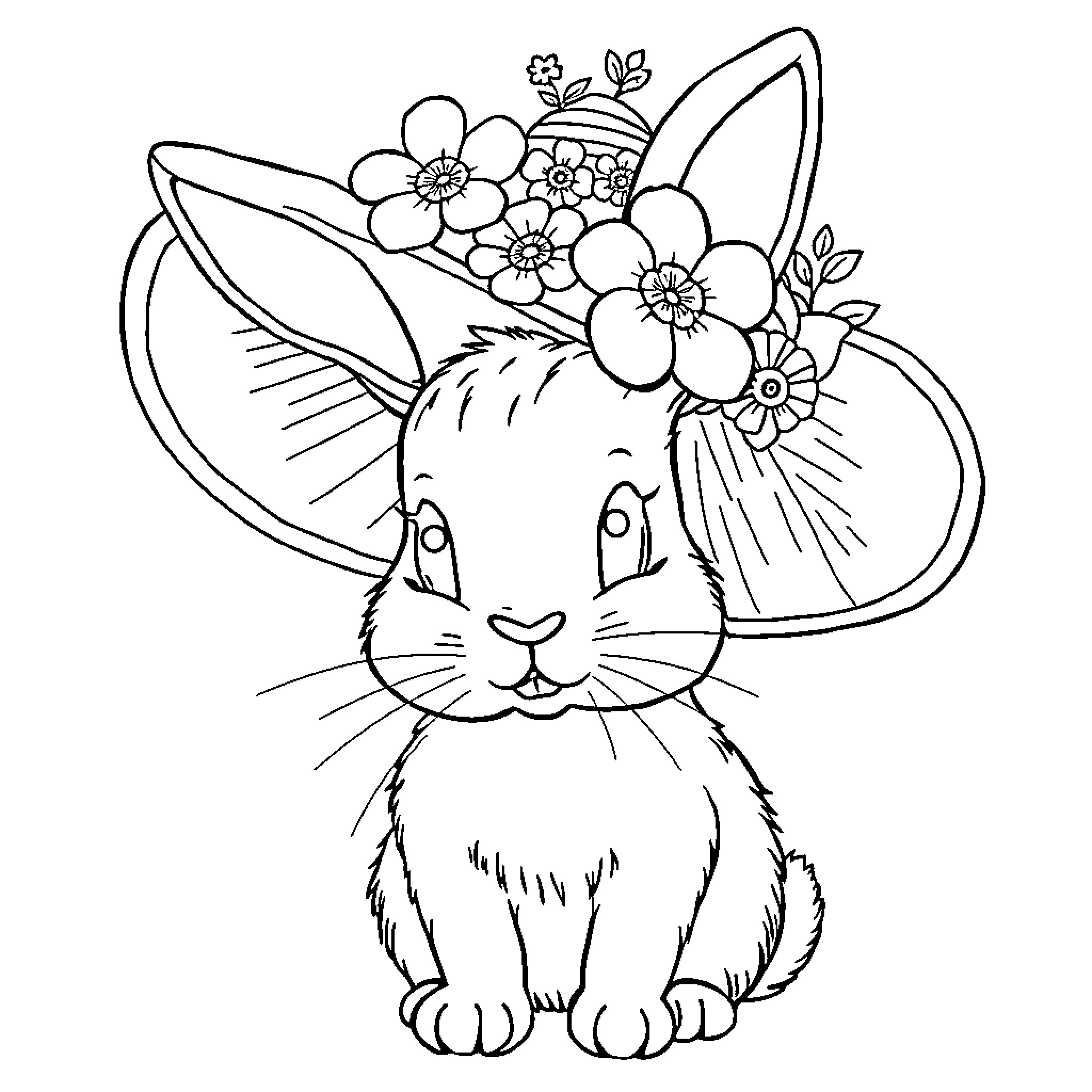 Bunny wearing a floral crown Coloring Page (free black-and-white line drawing printable PDF for all, from beginners to advanced learners, including children, teens, adults, and seniors)