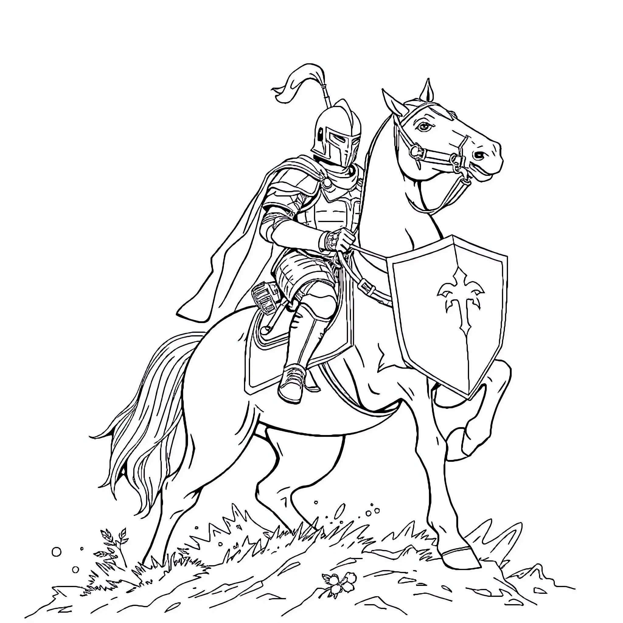 Caballero Templario on Horseback with Shield and Sword Coloring Page (free black-and-white line drawing printable PDF for all, from beginners to advanced learners, including children, teens, adults, and seniors)
