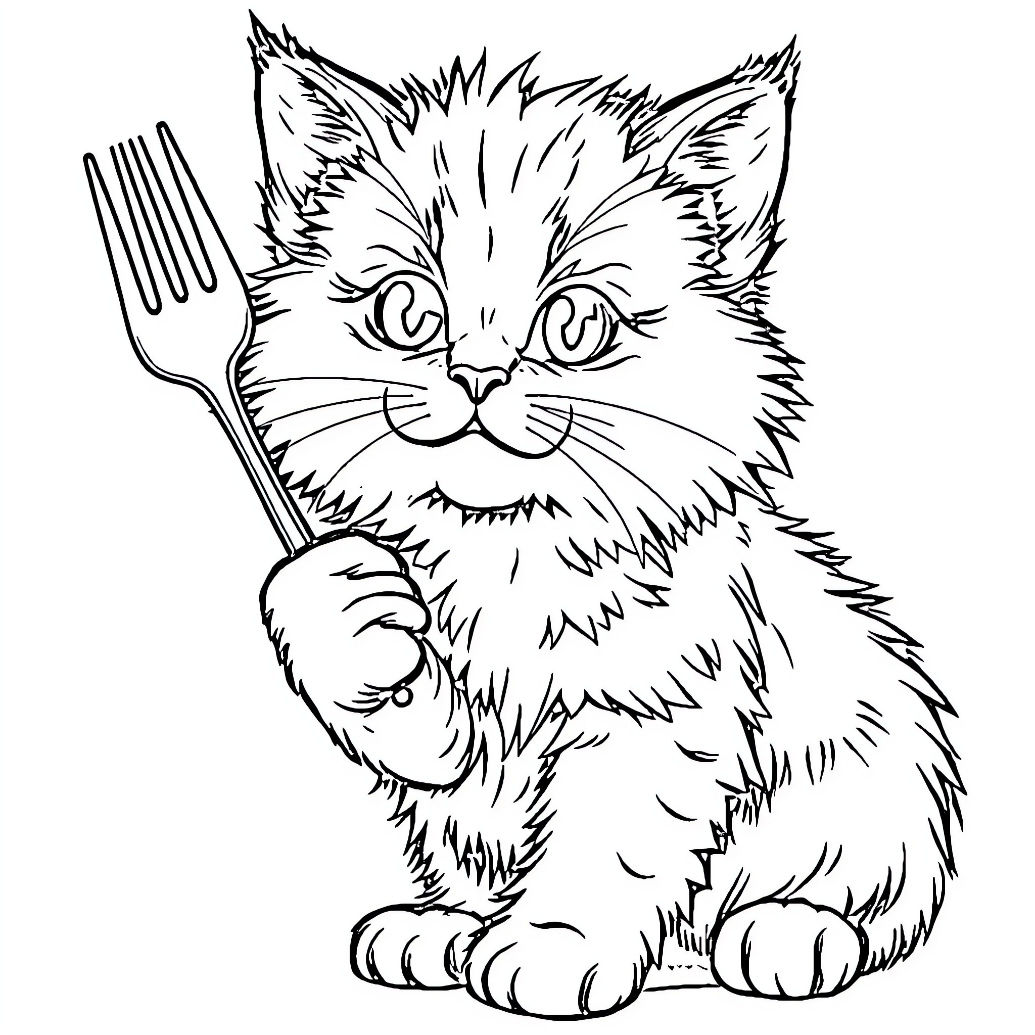 Cat holding a fork Coloring Page (free black-and-white line drawing printable PDF for all, from beginners to advanced learners, including children, teens, adults, and seniors)