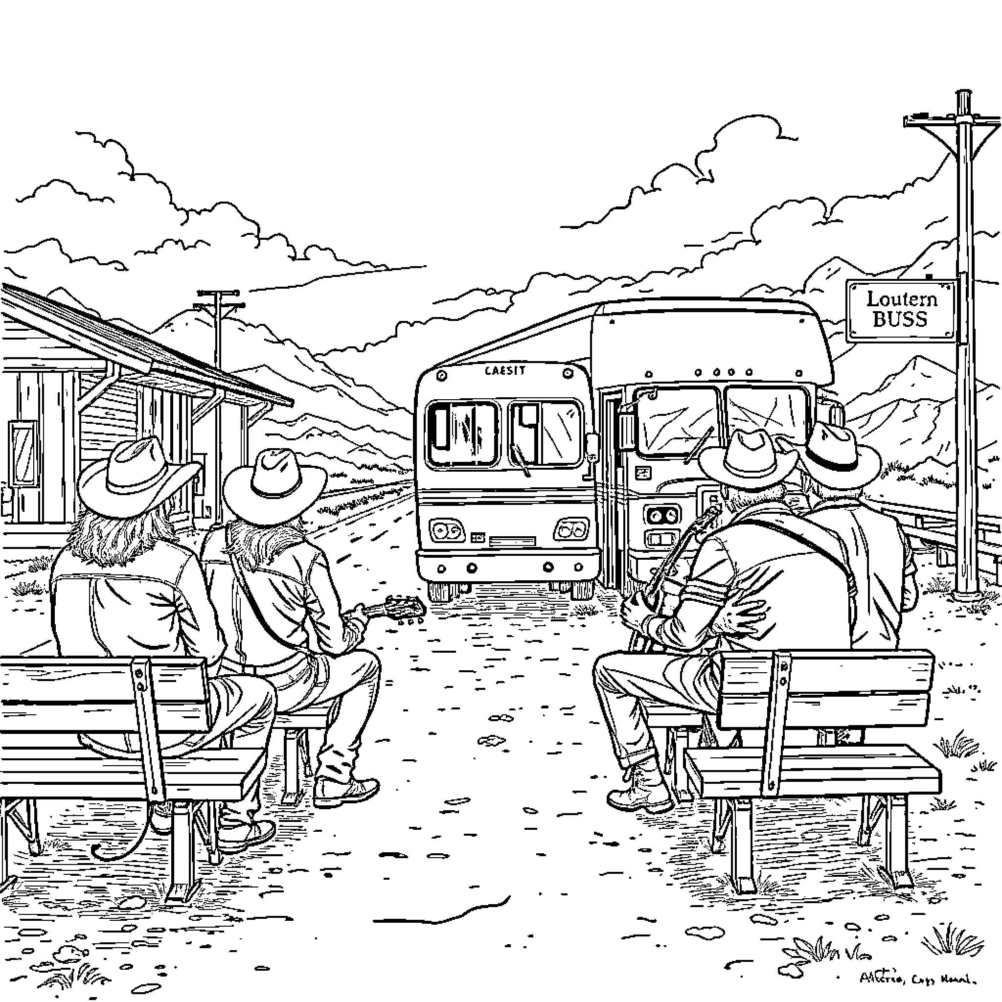 Band of Cowboy Musicians Waiting at the Station Coloring Page (free black-and-white line drawing printable PDF for all, from beginners to advanced learners, including children, teens, adults, and seniors)