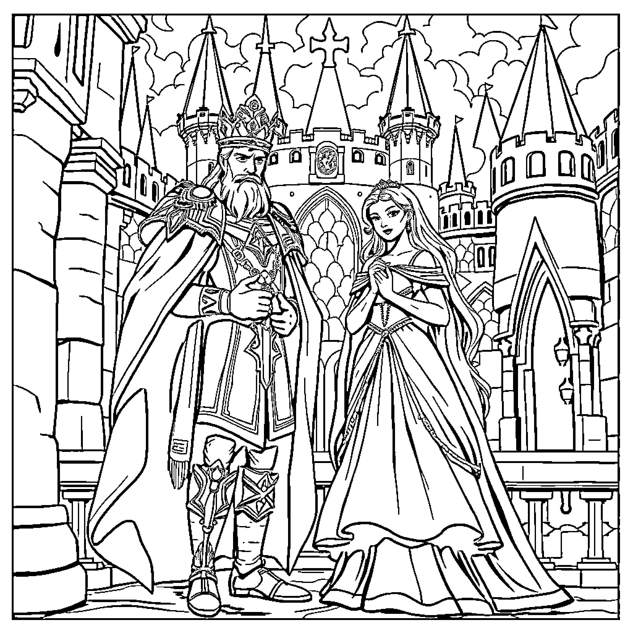 Lord and Lady Stand Before Castle Coloring Page (free black-and-white line drawing printable PDF for all, from beginners to advanced learners, including children, teens, adults, and seniors)