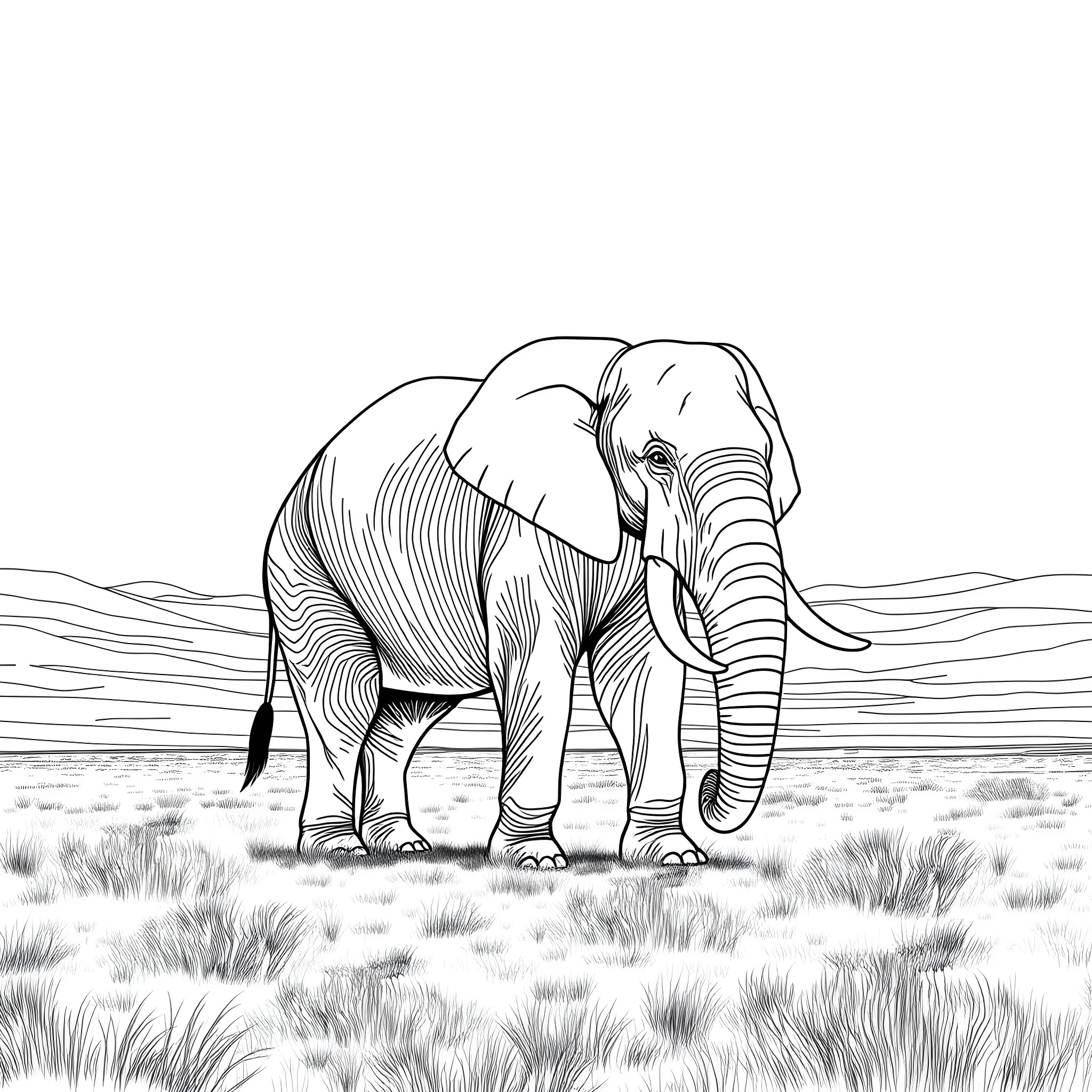 Elephant standing in the African savanna Coloring Page (free black-and-white line drawing printable PDF for all, from beginners to advanced learners, including children, teens, adults, and seniors)