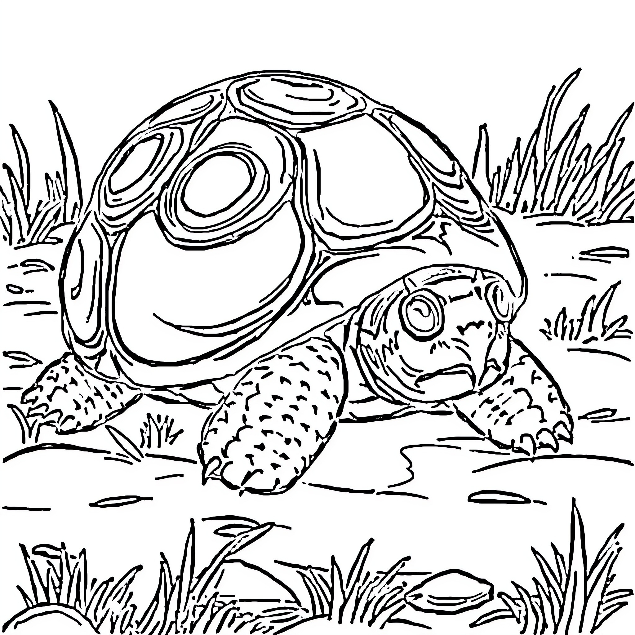 Kura Kura Turtle Exploring the Grasslands Coloring Page (free black-and-white line drawing printable PDF for all, from beginners to advanced learners, including children, teens, adults, and seniors)
