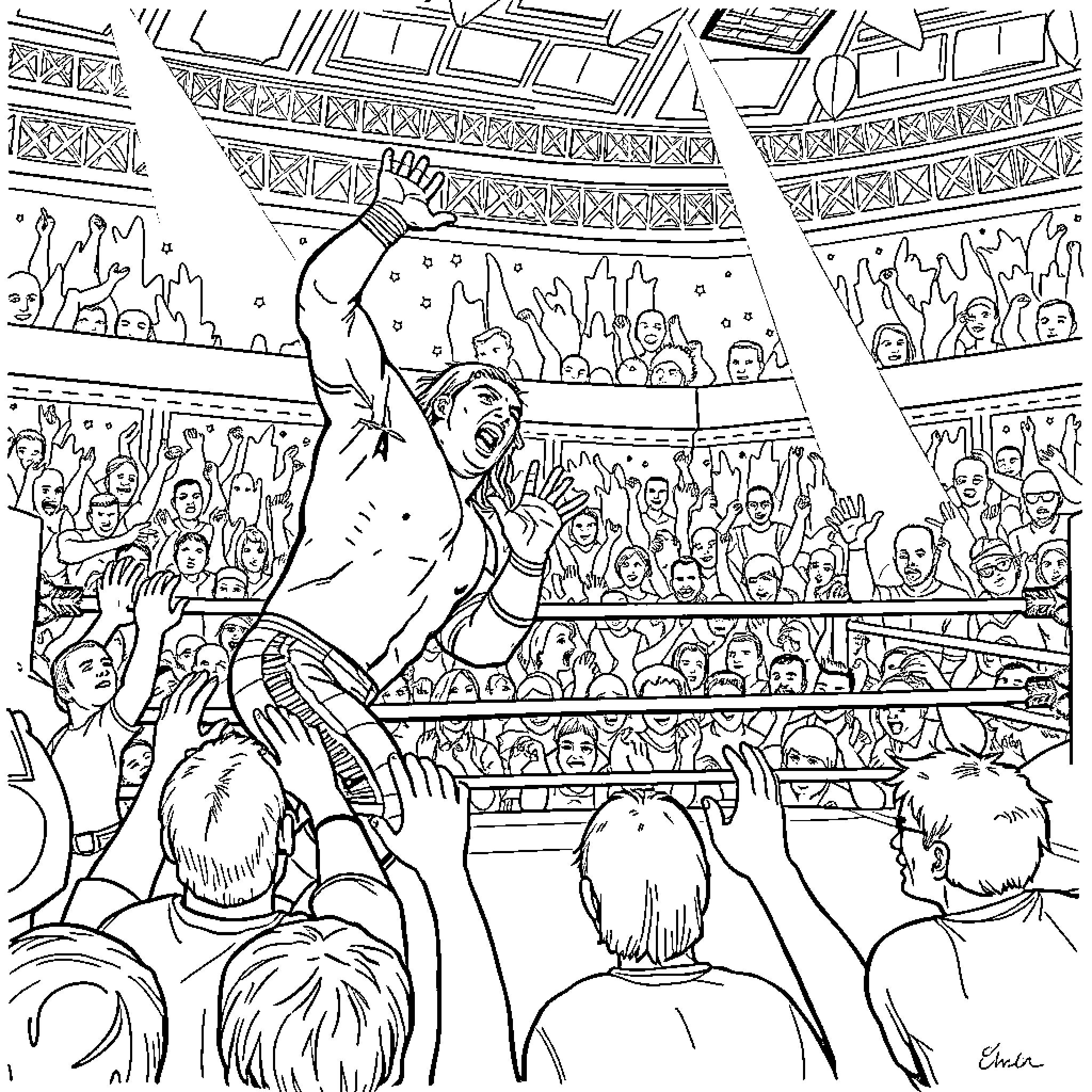 WWE Intense Wrestling Match in Rowdy Stadium Coloring Page (free black-and-white line drawing printable PDF for all, from beginners to advanced learners, including children, teens, adults, and seniors)
