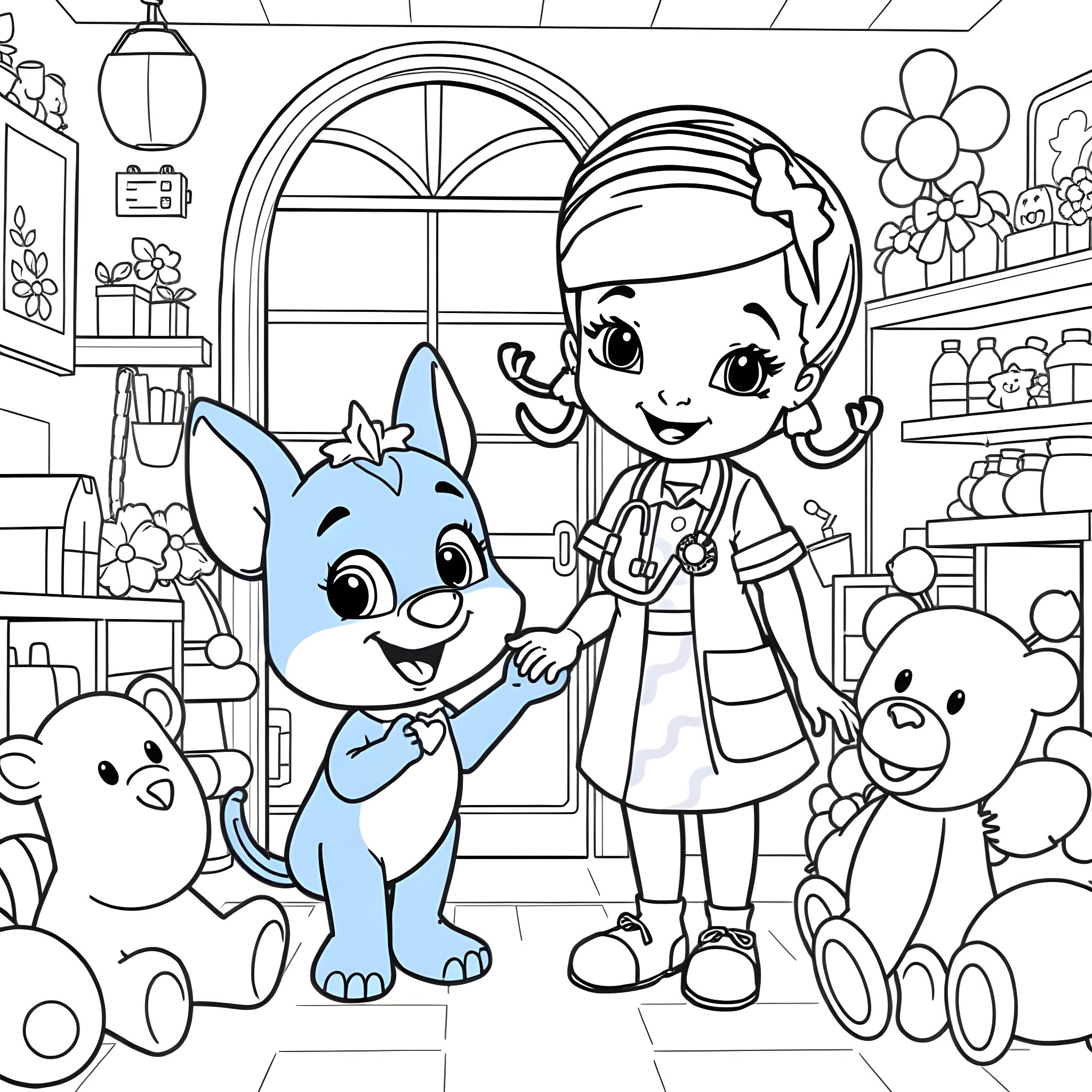 Bluey's Fun Day at the Toy Store Coloring Page (free black-and-white line drawing printable PDF for all, from beginners to advanced learners, including children, teens, adults, and seniors)