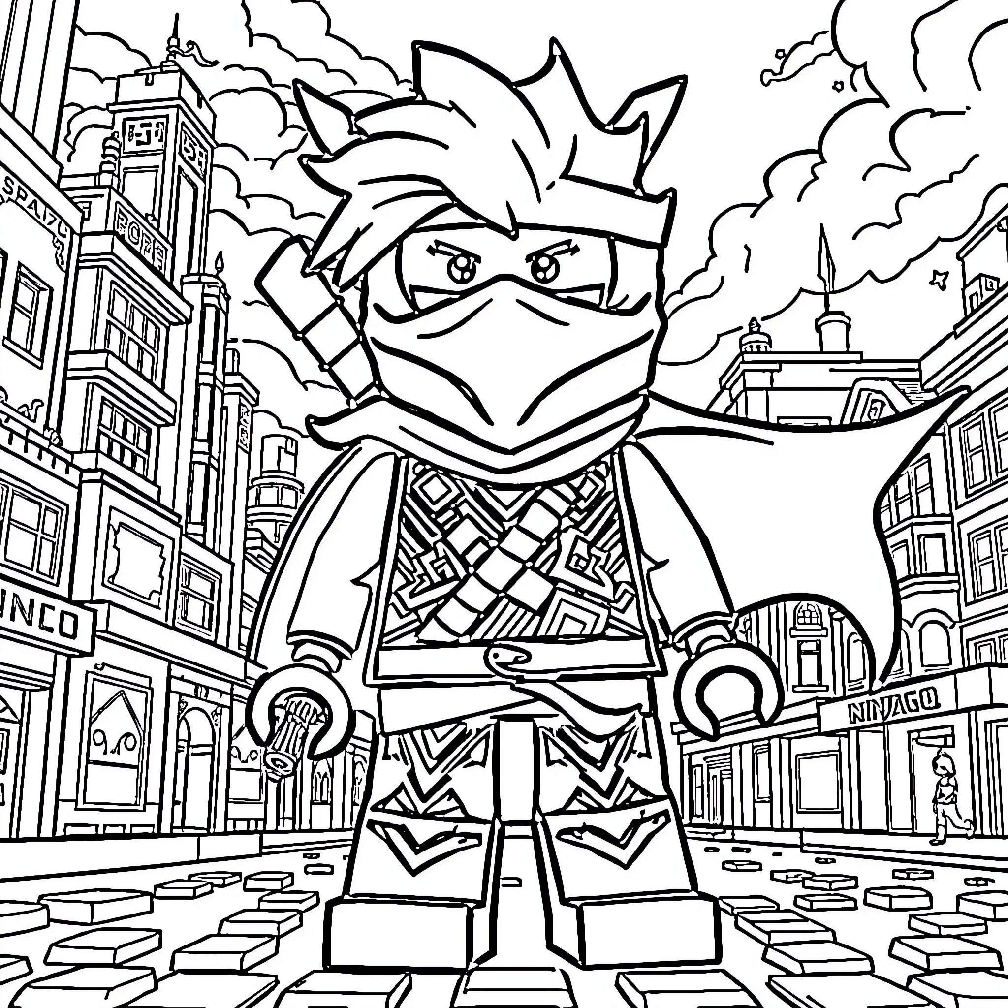 Ninja Go: Heroic Warrior in Action-Packed Urban Scene Coloring Page (free black-and-white line drawing printable PDF for all, from beginners to advanced learners, including children, teens, adults, and seniors)