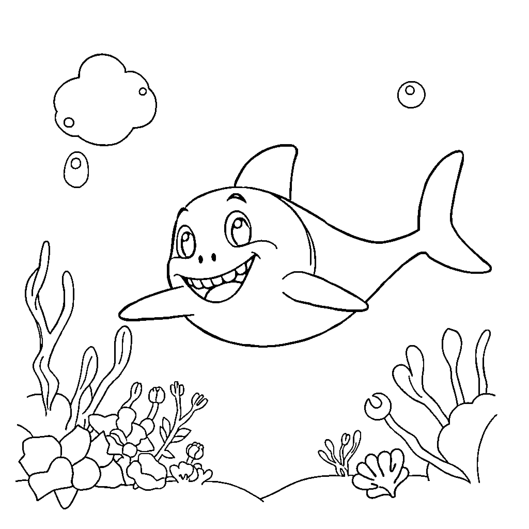Shark swimming happily in the ocean Coloring Page (free black-and-white line drawing printable PDF for all, from beginners to advanced learners, including children, teens, adults, and seniors)