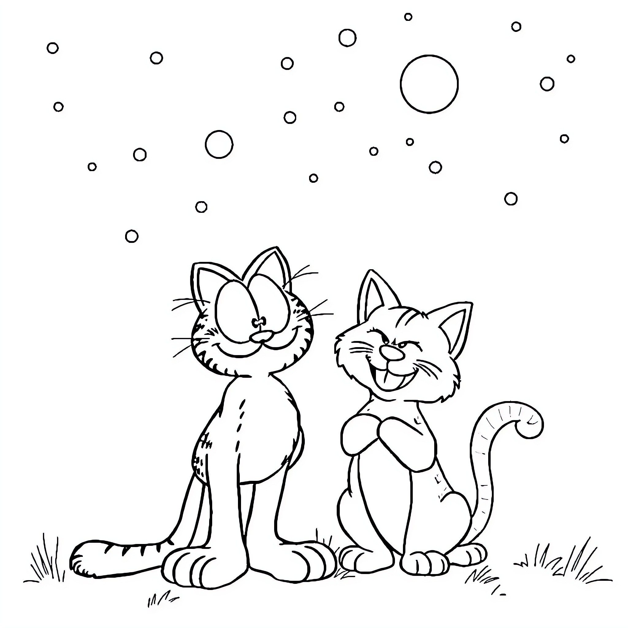Garfield and Odie playing happily in the park Coloring Page (free black-and-white line drawing printable PDF for all, from beginners to advanced learners, including children, teens, adults, and seniors)