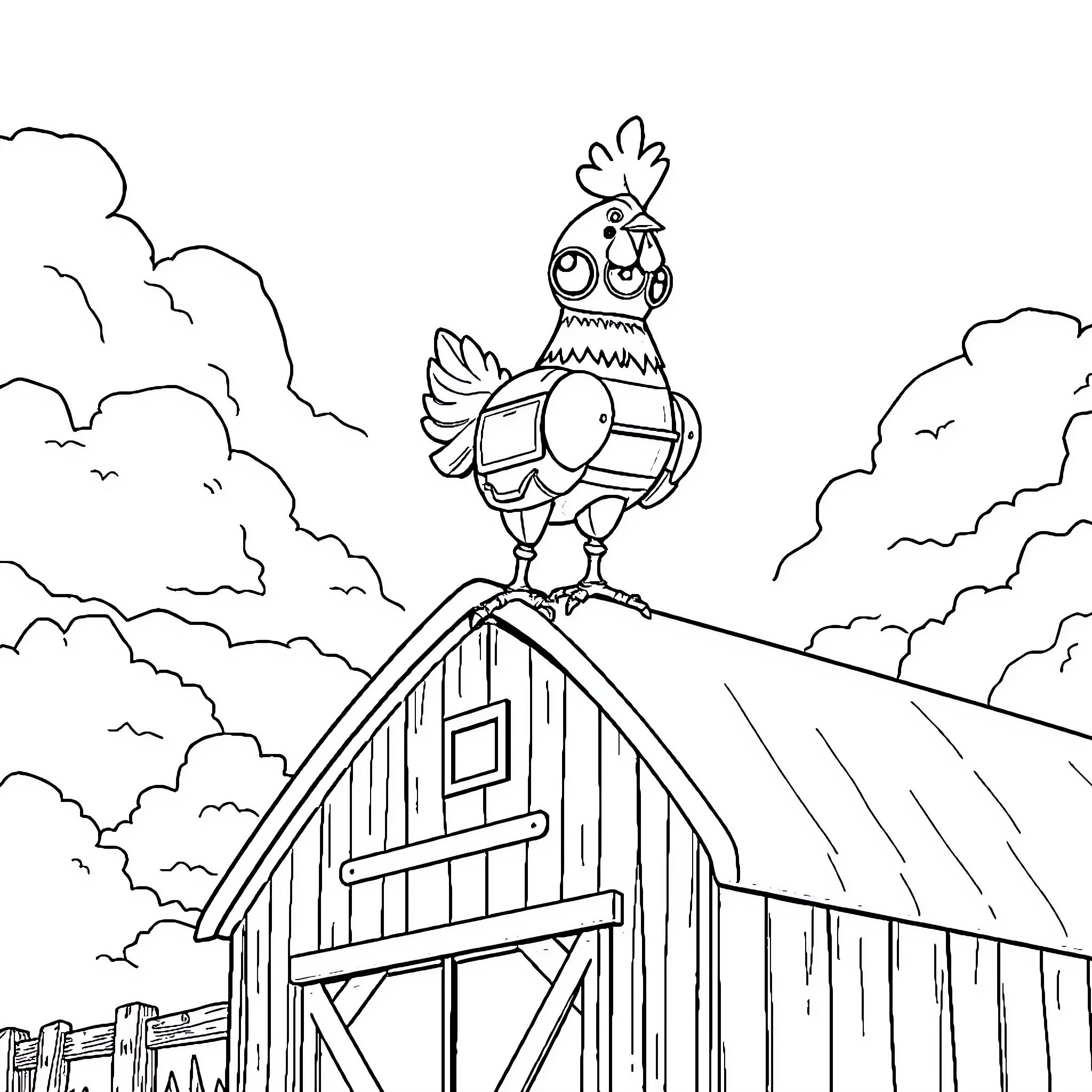 Robot Chicken perched atop a rustic barn Coloring Page (free black-and-white line drawing printable PDF for all, from beginners to advanced learners, including children, teens, adults, and seniors)