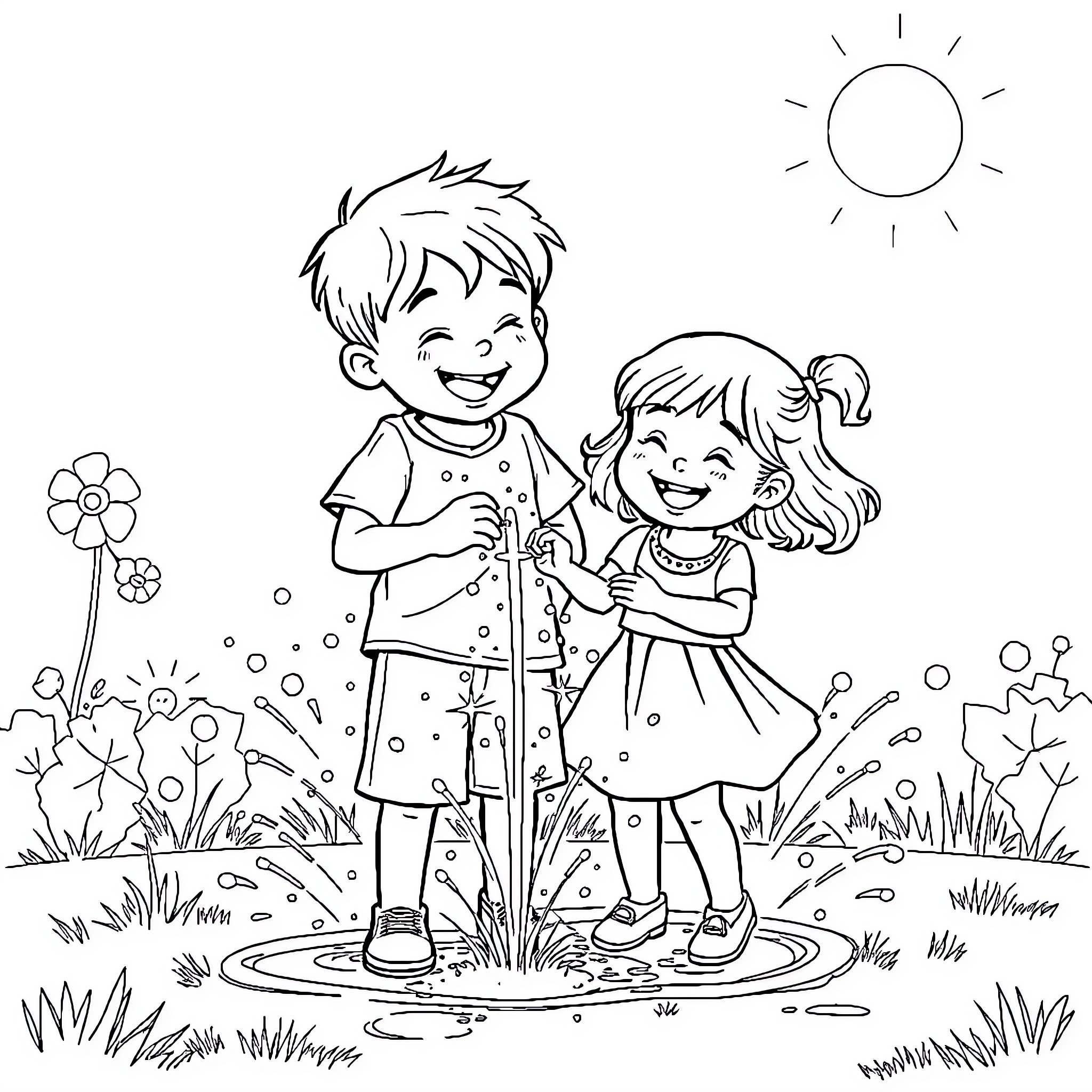 Sibling Children Playing in the Sunshine Coloring Page (free black-and-white line drawing printable PDF for all, from beginners to advanced learners, including children, teens, adults, and seniors)