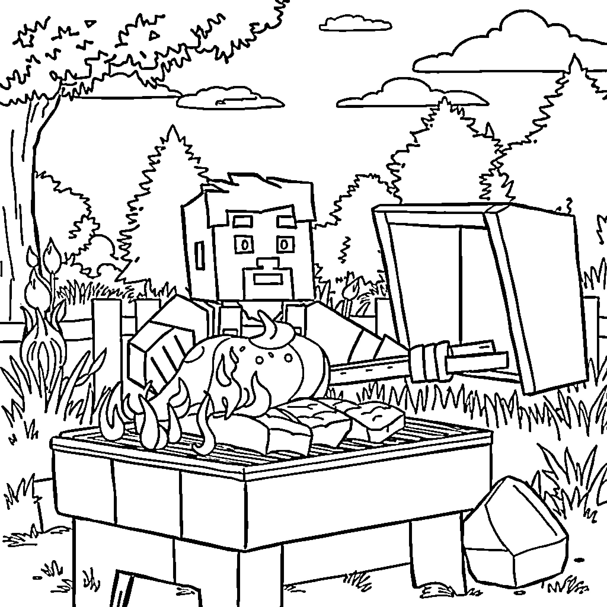 Steve's Artistic Adventure in the Wilderness Coloring Page (free black-and-white line drawing printable PDF for all, from beginners to advanced learners, including children, teens, adults, and seniors)