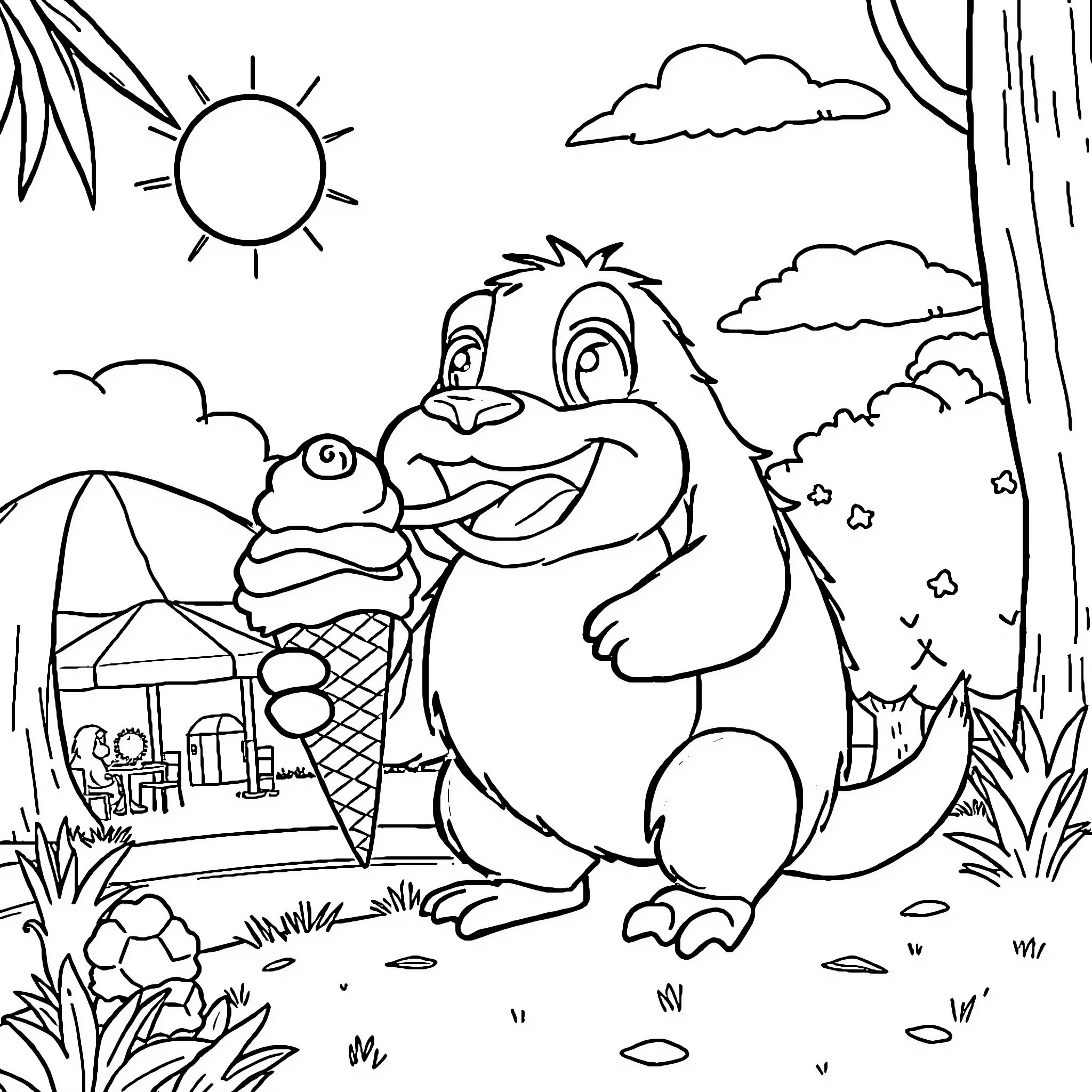 Grugu's Delightful Picnic Adventure Coloring Page (free black-and-white line drawing printable PDF for all, from beginners to advanced learners, including children, teens, adults, and seniors)