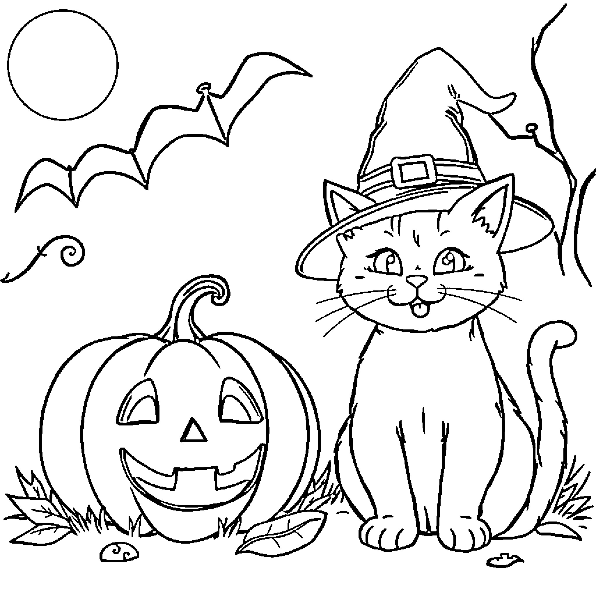Pumpkin, cat, and bats in Halloween scene Coloring Page (free black-and-white line drawing printable PDF for all, from beginners to advanced learners, including children, teens, adults, and seniors)