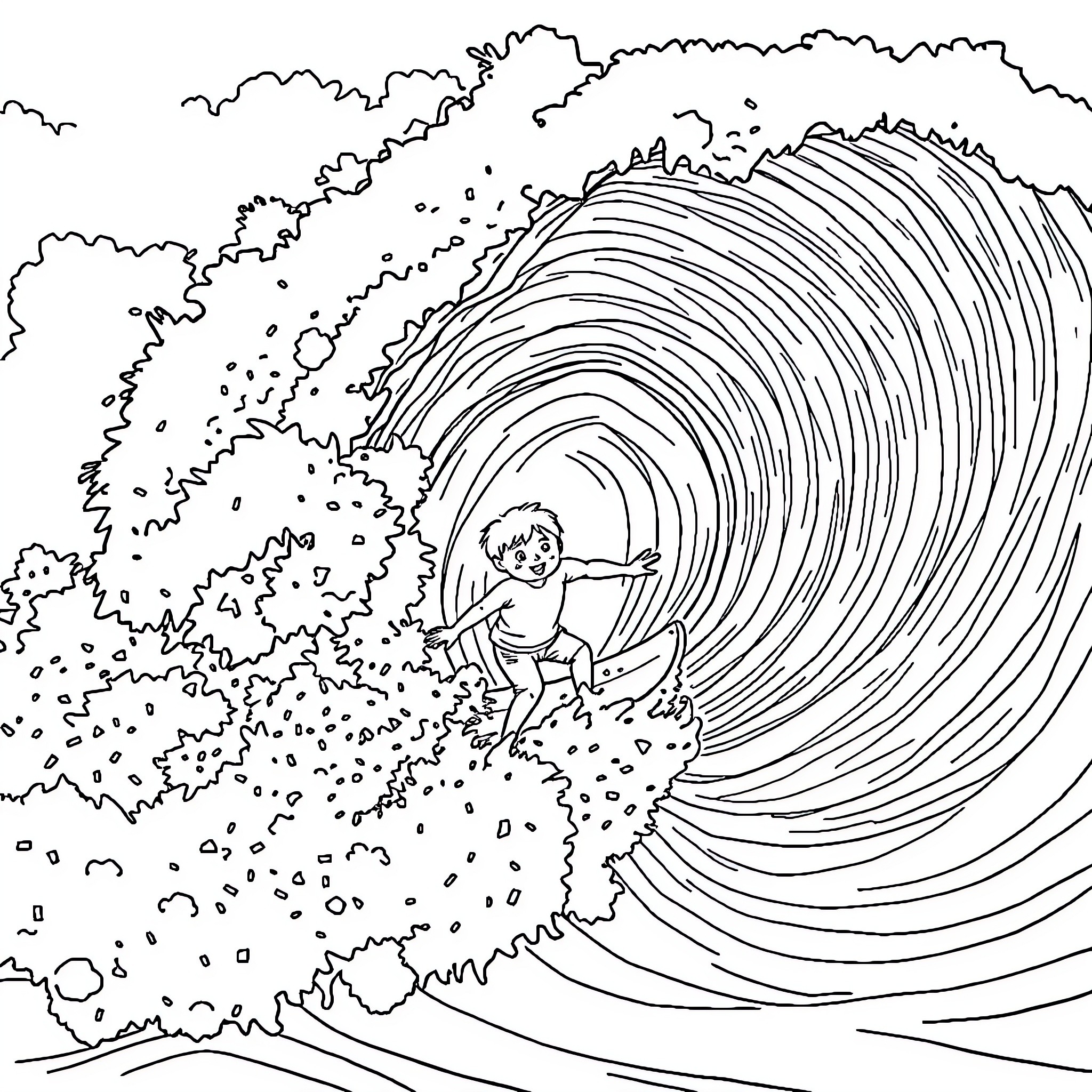 Child surfing on a giant wave Coloring Page (free black-and-white line drawing printable PDF for all, from beginners to advanced learners, including children, teens, adults, and seniors)