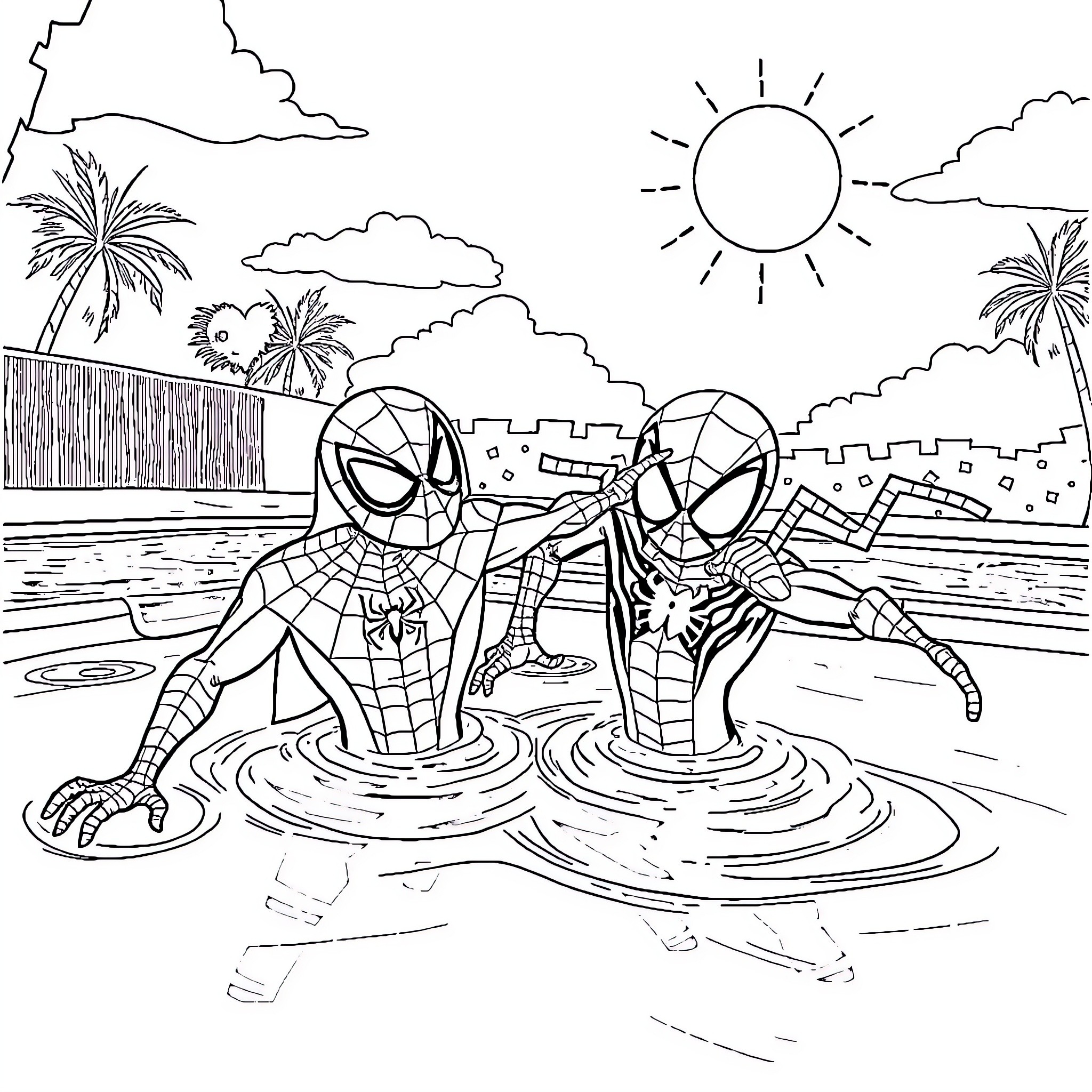 Spider heroes playing in the ocean waves Coloring Page (free black-and-white line drawing printable PDF for all, from beginners to advanced learners, including children, teens, adults, and seniors)