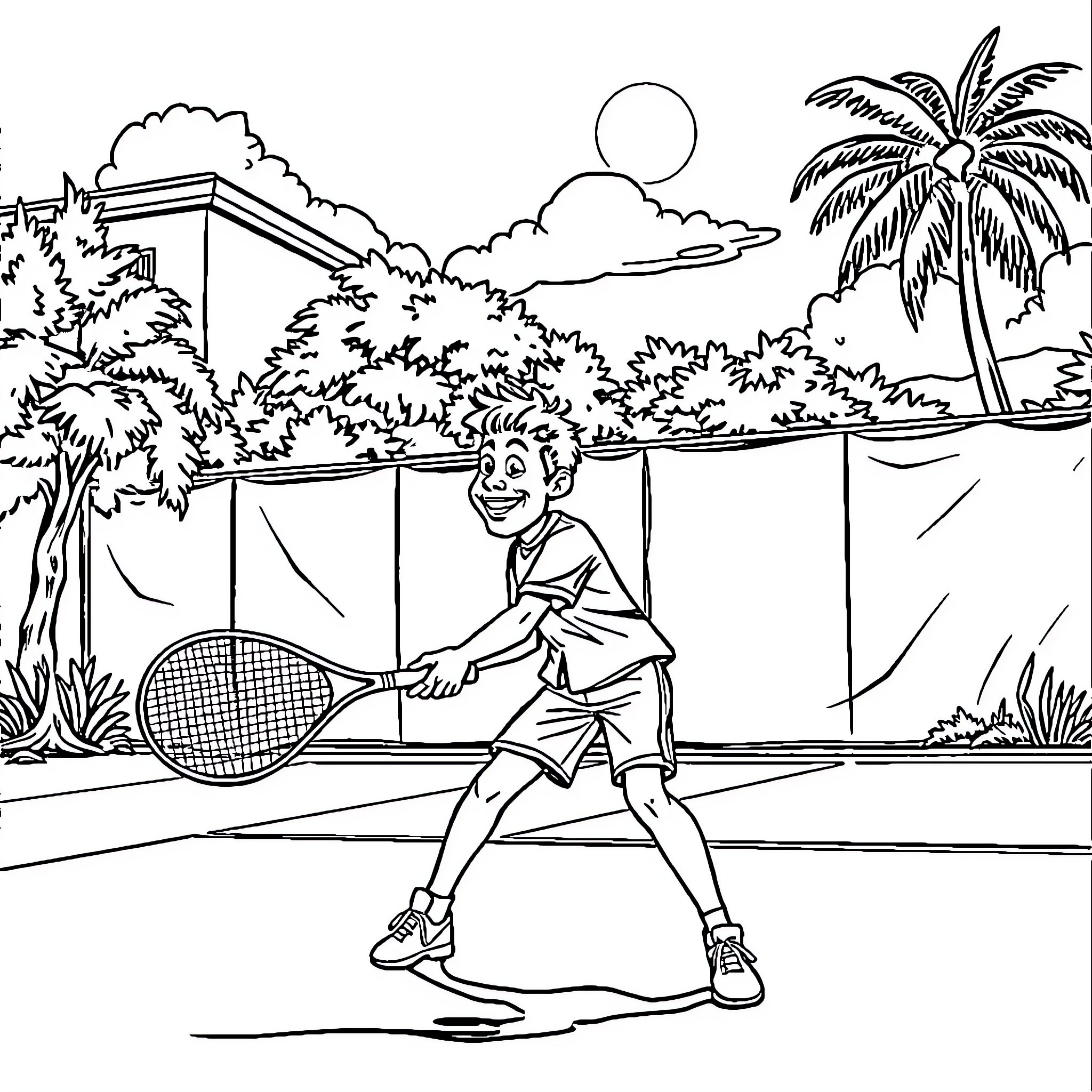 ALI Enjoying Tennis on Tropical Court Coloring Page (free black-and-white line drawing printable PDF for all, from beginners to advanced learners, including children, teens, adults, and seniors)