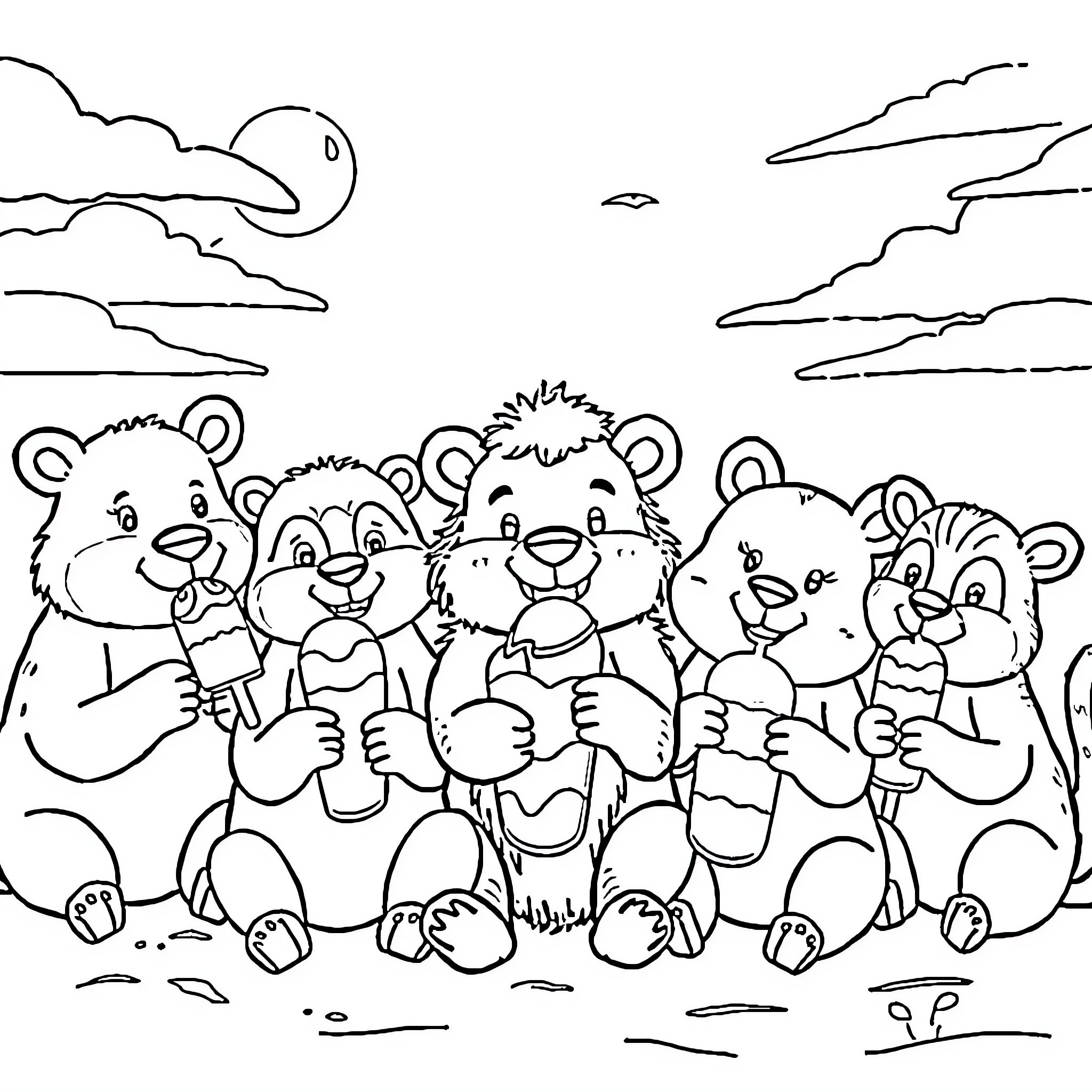 Animal group of teddy bears playing together Coloring Page (free black-and-white line drawing printable PDF for all, from beginners to advanced learners, including children, teens, adults, and seniors)
