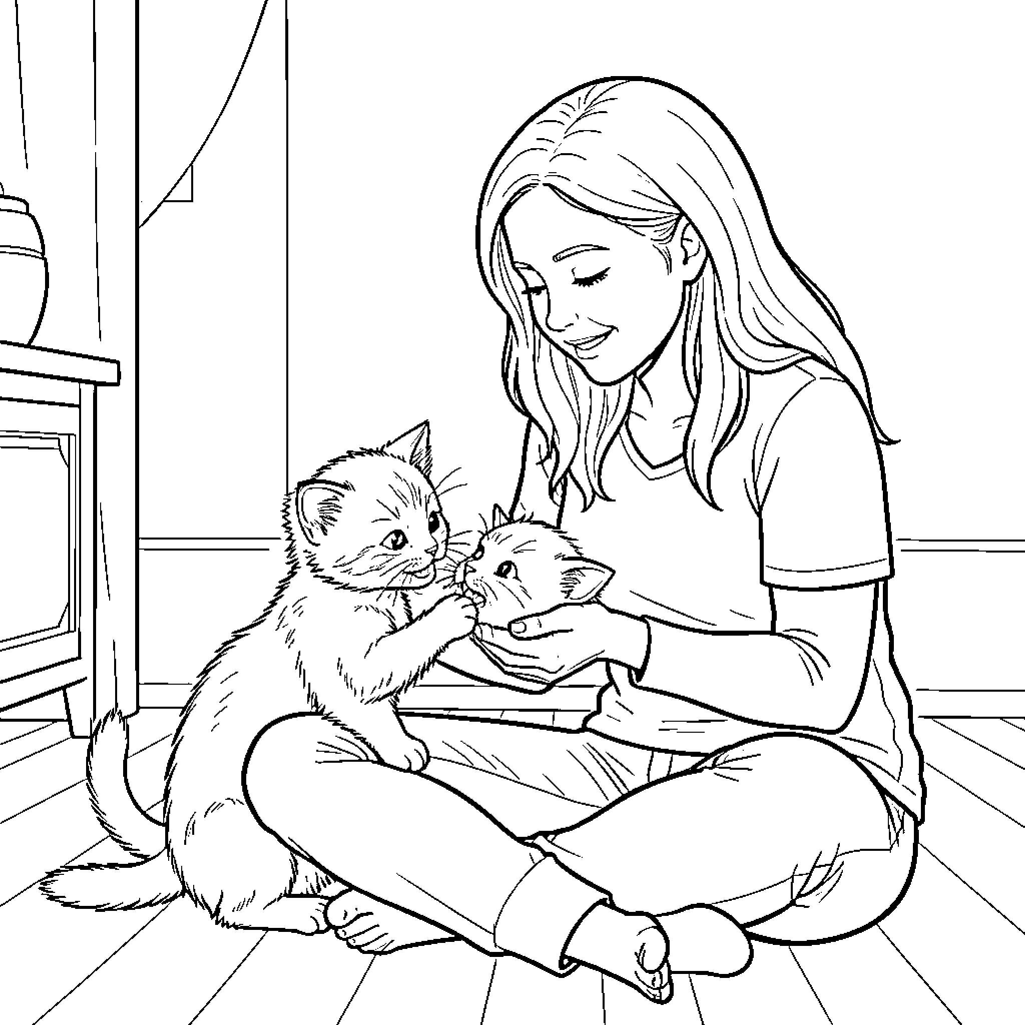 Mom playing with adorable kittens at home Coloring Page (free black-and-white line drawing printable PDF for all, from beginners to advanced learners, including children, teens, adults, and seniors)