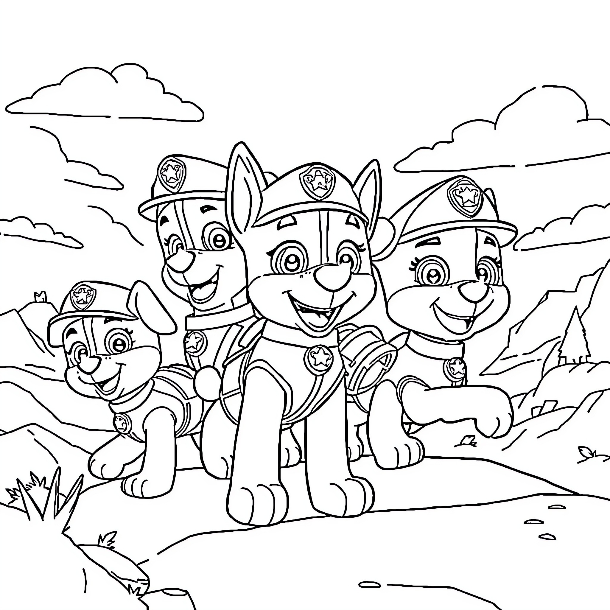 Paw Patrol Team Ready for Action Coloring Page (free black-and-white line drawing printable PDF for all, from beginners to advanced learners, including children, teens, adults, and seniors)