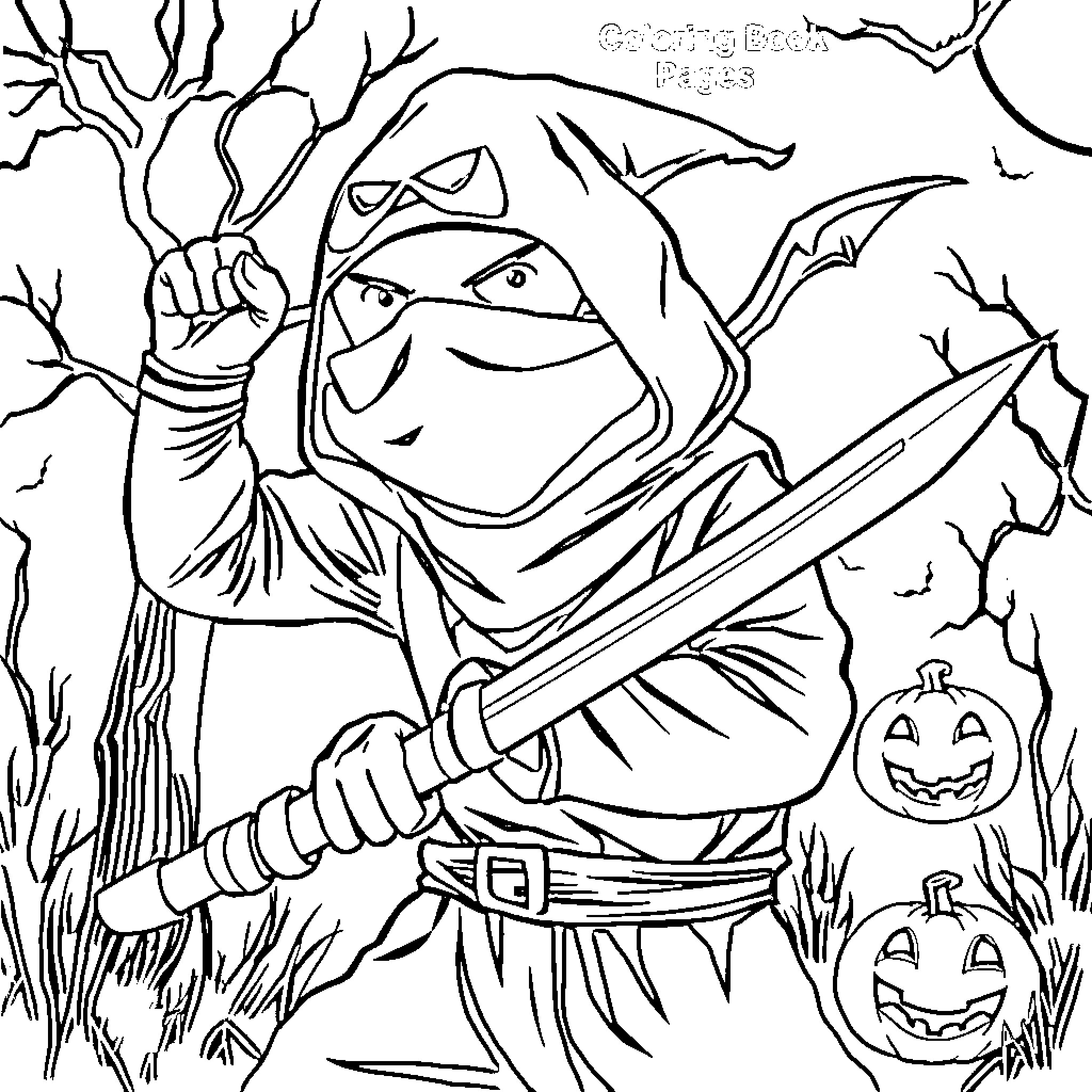 Ninja warrior with sword in haunted forest Coloring Page (free black-and-white line drawing printable PDF for all, from beginners to advanced learners, including children, teens, adults, and seniors)