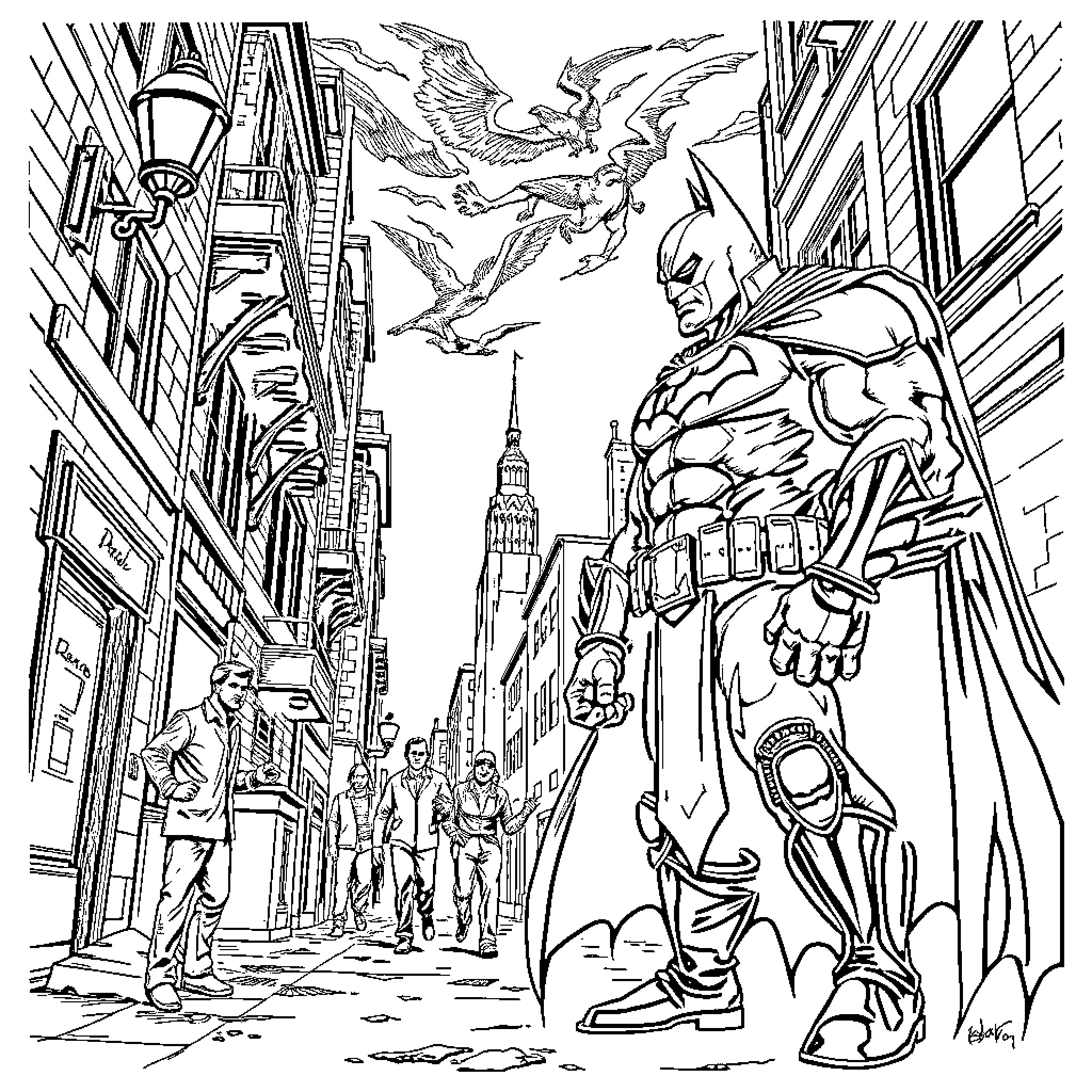 Bane stands vigilant in the city streets Coloring Page (free black-and-white line drawing printable PDF for all, from beginners to advanced learners, including children, teens, adults, and seniors)