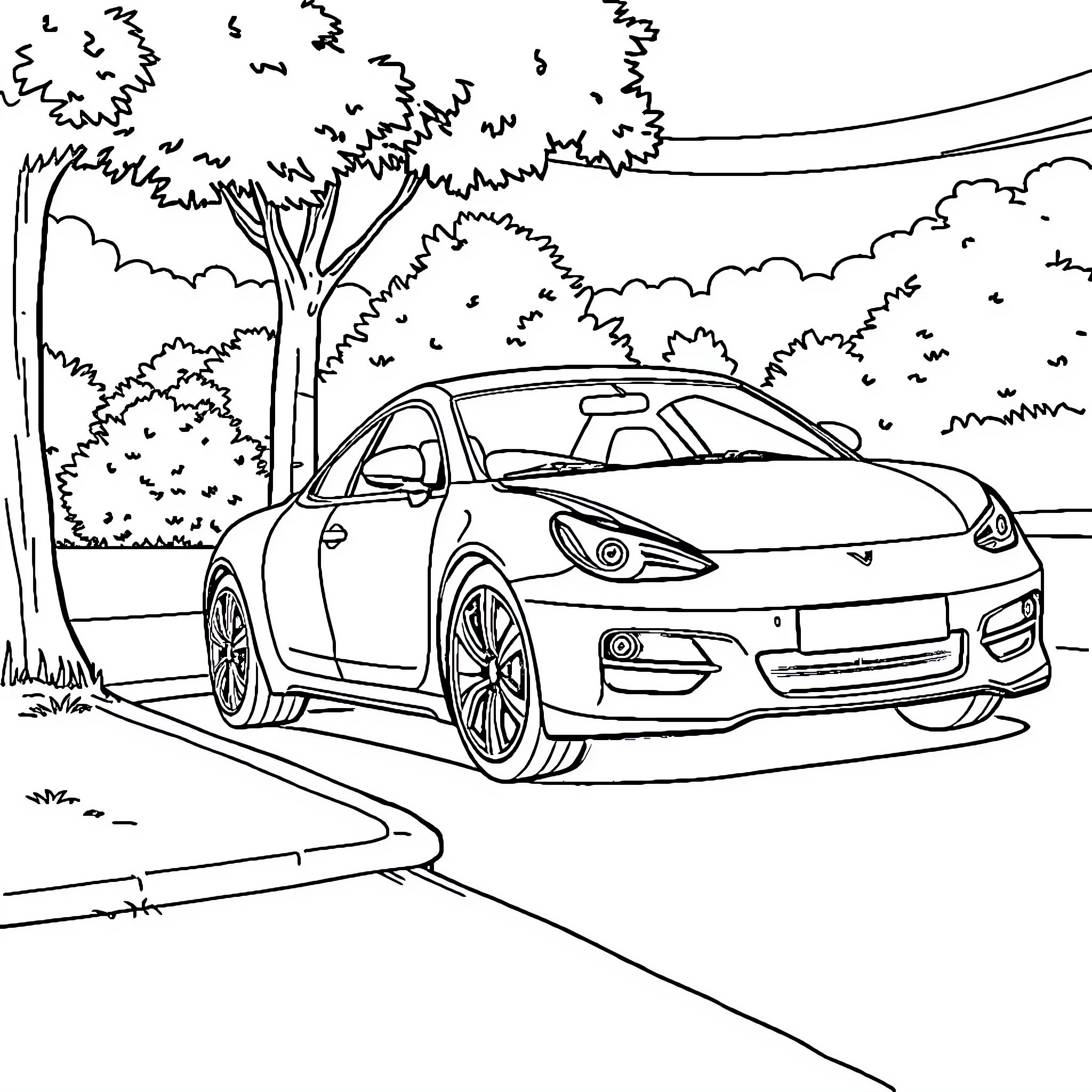 Car driving along a winding road in nature Coloring Page (free black-and-white line drawing printable PDF for all, from beginners to advanced learners, including children, teens, adults, and seniors)