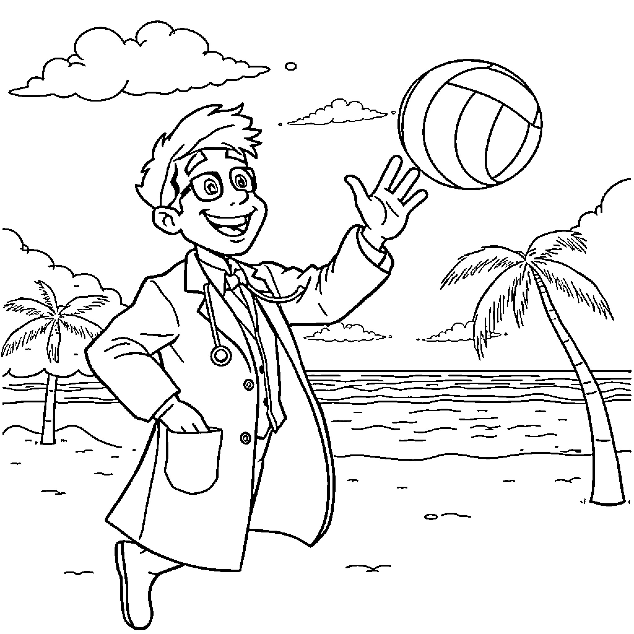 Dentist playing joyfully with beach ball on tropical vacation Coloring Page (free black-and-white line drawing printable PDF for all, from beginners to advanced learners, including children, teens, adults, and seniors)