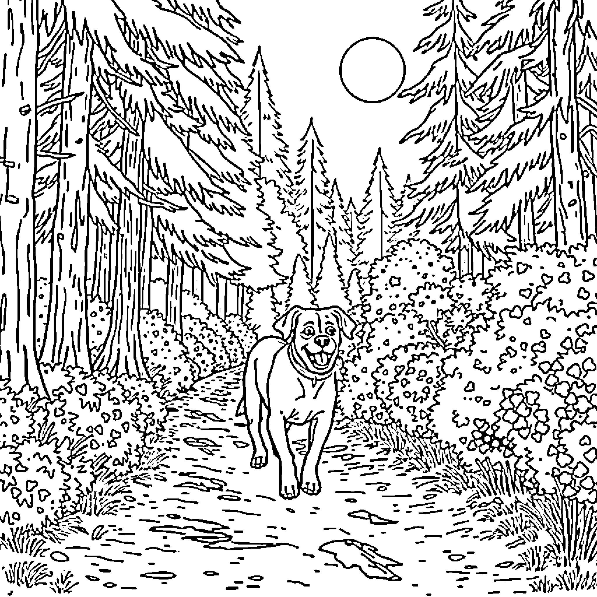 Dog walking through the tranquil forest Coloring Page (free black-and-white line drawing printable PDF for all, from beginners to advanced learners, including children, teens, adults, and seniors)