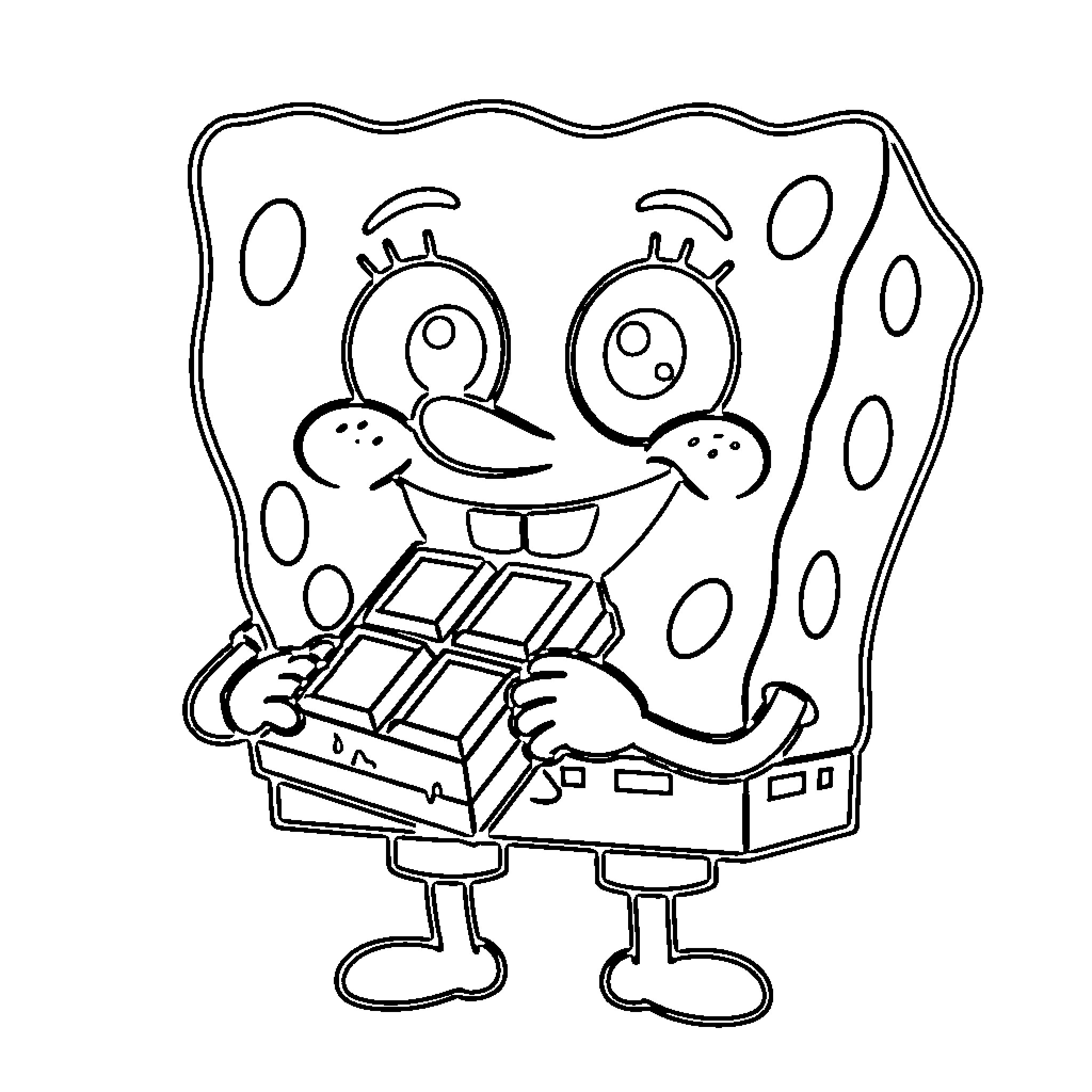 Bob eating a large chocolate bar with excitement Coloring Page (free black-and-white line drawing printable PDF for all, from beginners to advanced learners, including children, teens, adults, and seniors)