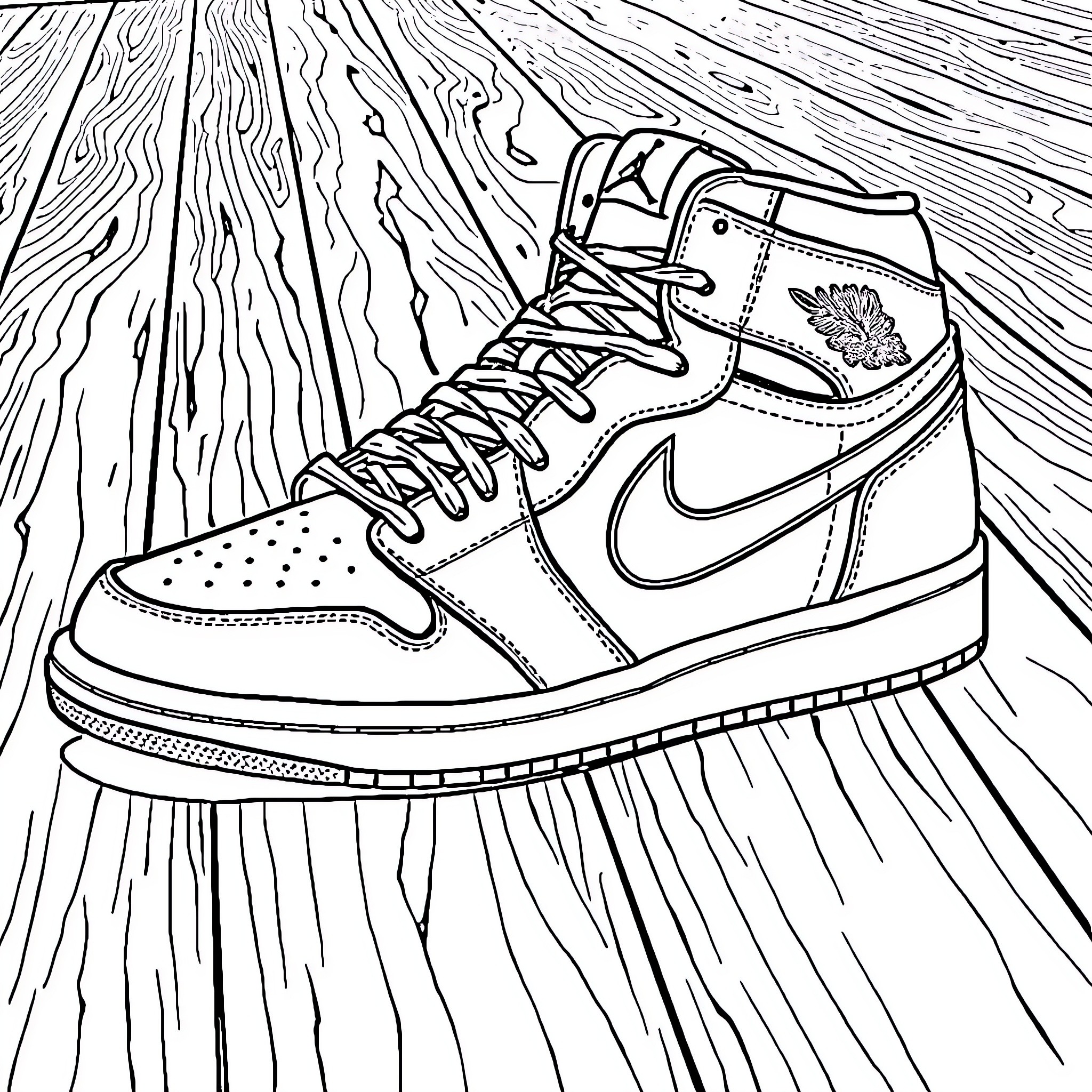 Jordan 1 Sneaker on Wooden Background Coloring Page (free black-and-white line drawing printable PDF for all, from beginners to advanced learners, including children, teens, adults, and seniors)