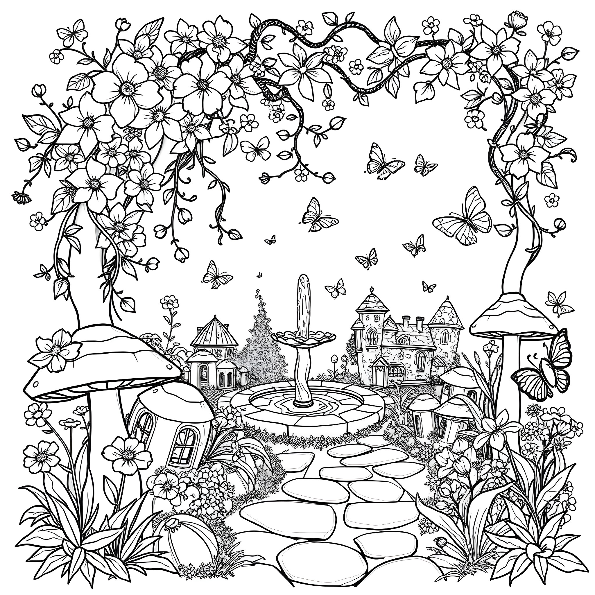 Fairy Garden of Enchanting Blooms and Whimsical Creatures Coloring Page (free black-and-white line drawing printable PDF for all, from beginners to advanced learners, including children, teens, adults, and seniors)