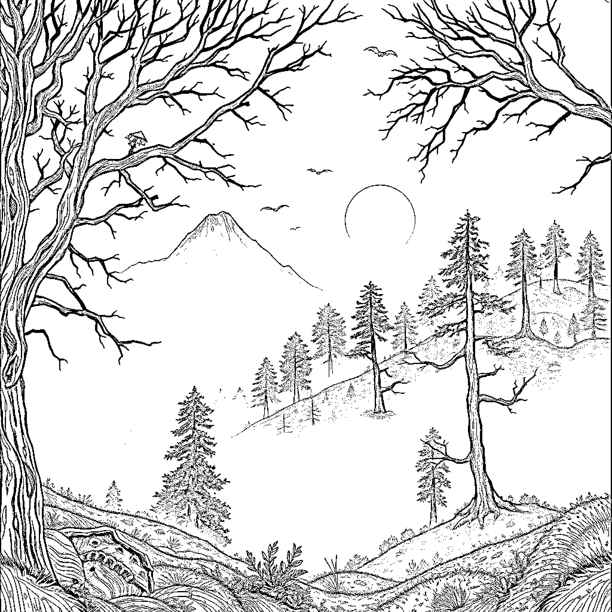 Land of Solitary Forest and Mountain Coloring Page (free black-and-white line drawing printable PDF for all, from beginners to advanced learners, including children, teens, adults, and seniors)