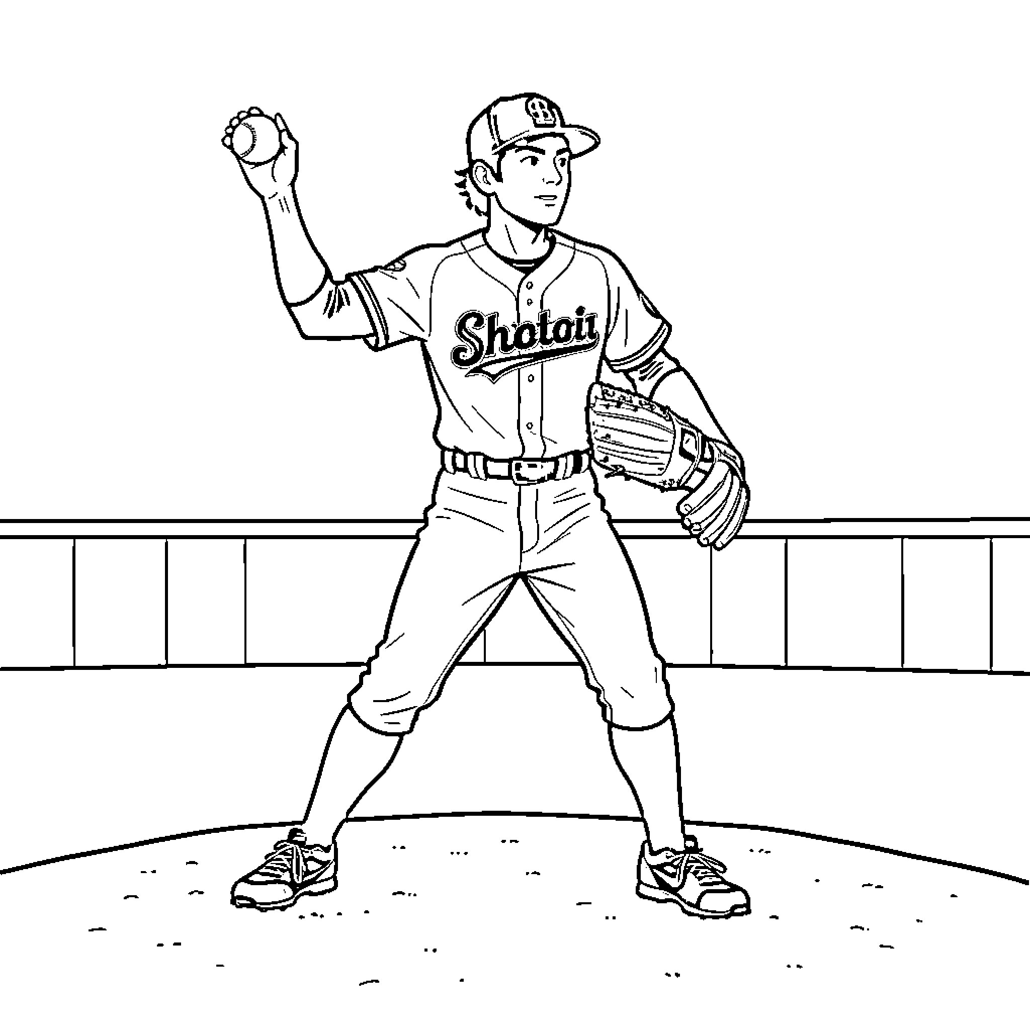 Shohei Ohtani preparing to pitch a baseball game Coloring Page (free black-and-white line drawing printable PDF for all, from beginners to advanced learners, including children, teens, adults, and seniors)