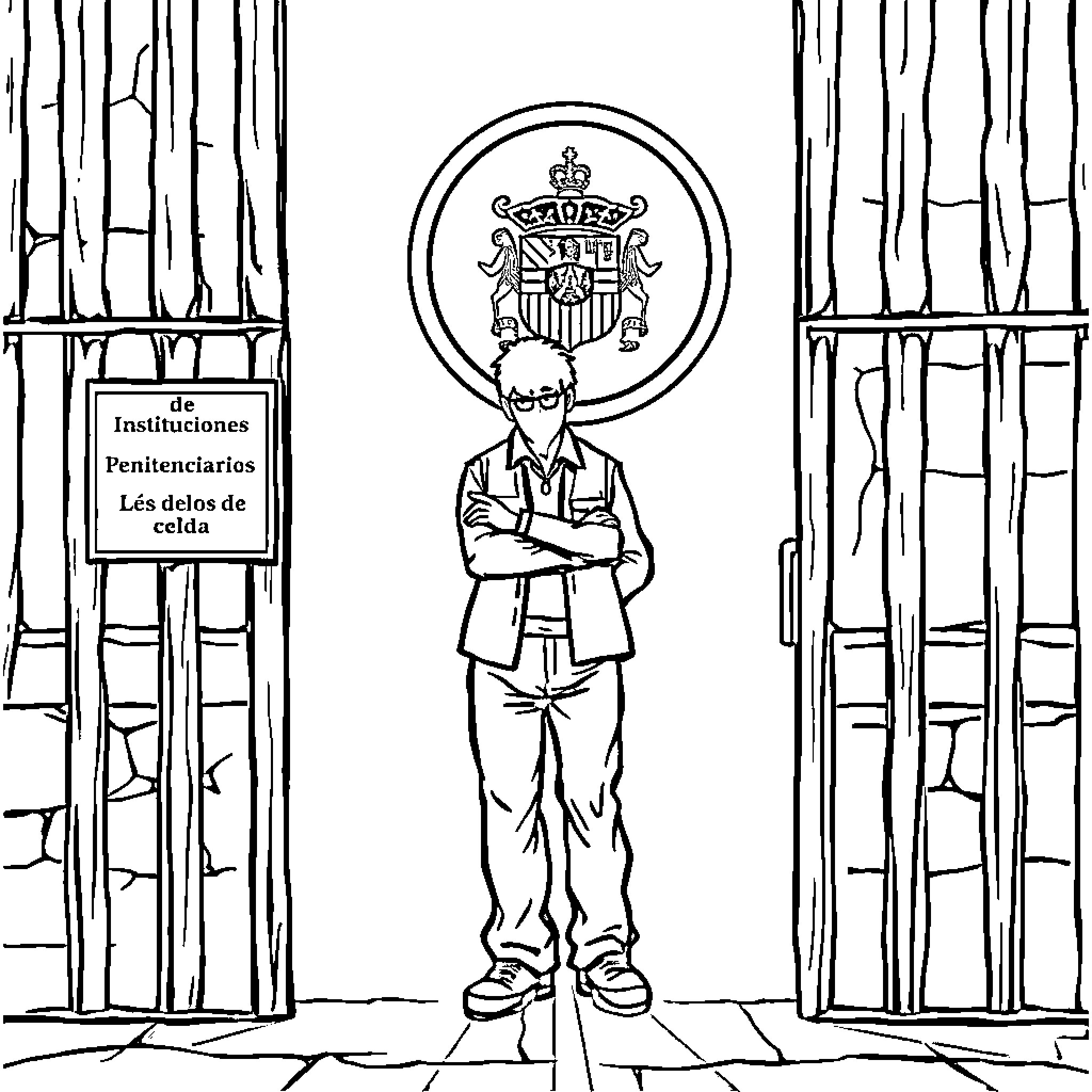 Prison Officer Standing Firm in Front of Cell Doors Coloring Page (free black-and-white line drawing printable PDF for all, from beginners to advanced learners, including children, teens, adults, and seniors)