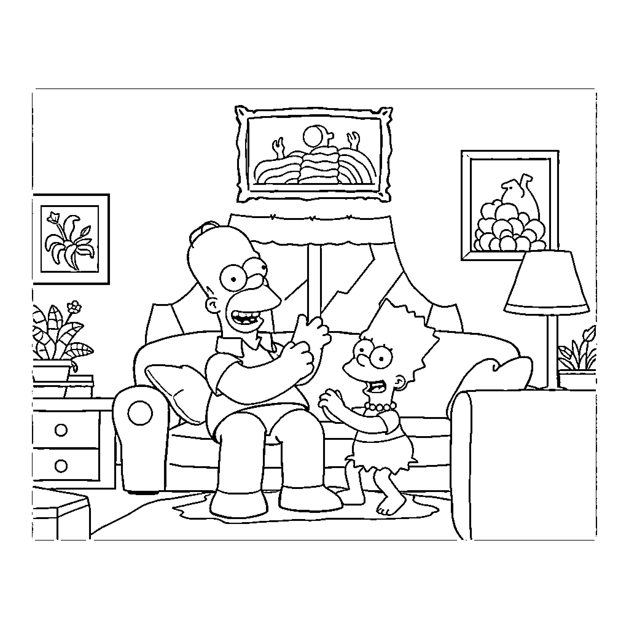 Homer Simpson lounging with his family on the couch Coloring Page (free black-and-white line drawing printable PDF for all, from beginners to advanced learners, including children, teens, adults, and seniors)