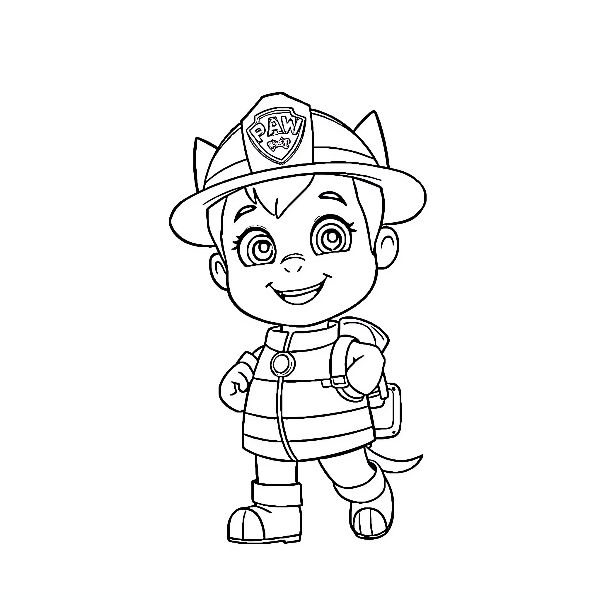 Boy in firefighter uniform stands smiling Coloring Page (free black-and-white line drawing printable PDF for all, from beginners to advanced learners, including children, teens, adults, and seniors)