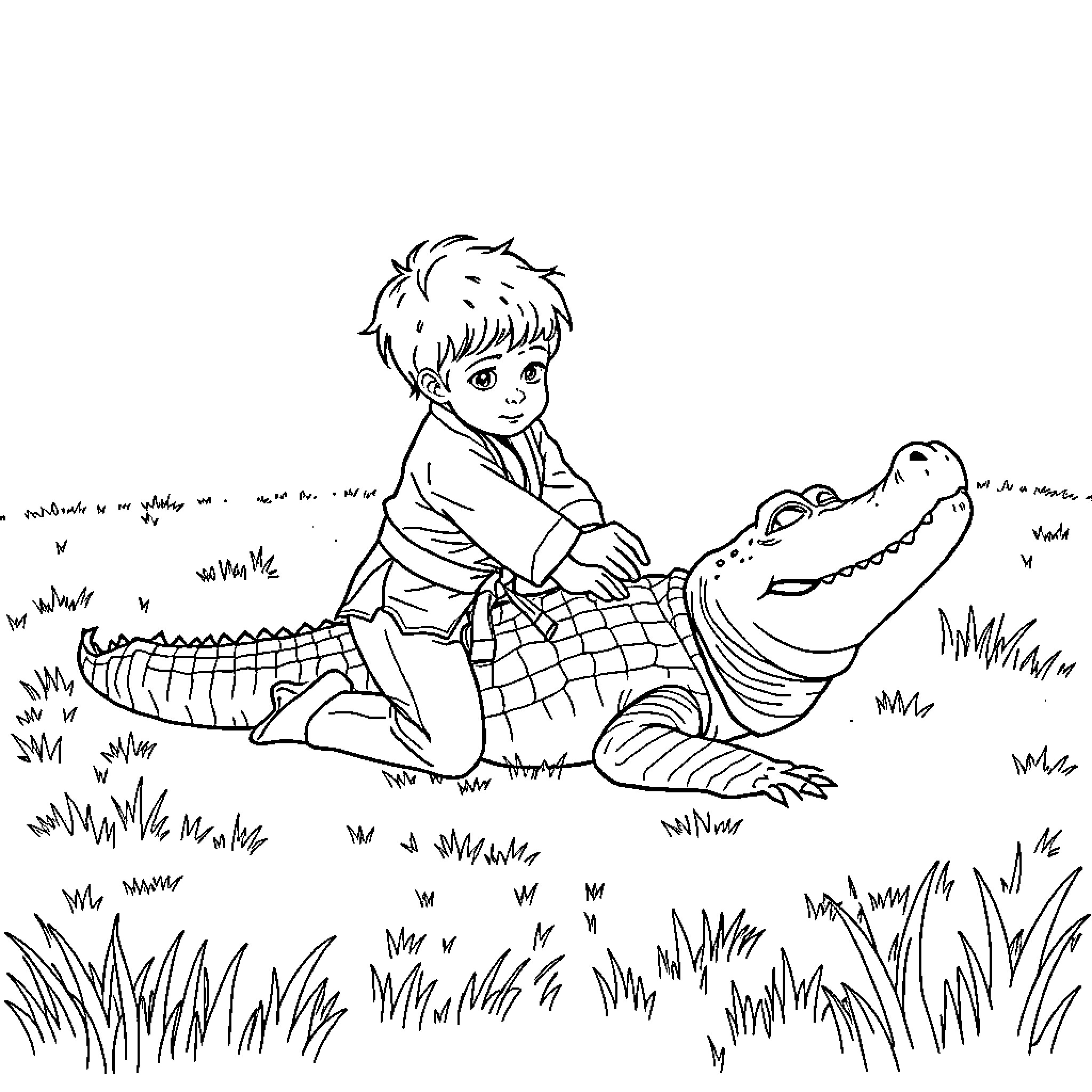 Child playing with friendly alligator in nature Coloring Page (free black-and-white line drawing printable PDF for all, from beginners to advanced learners, including children, teens, adults, and seniors)