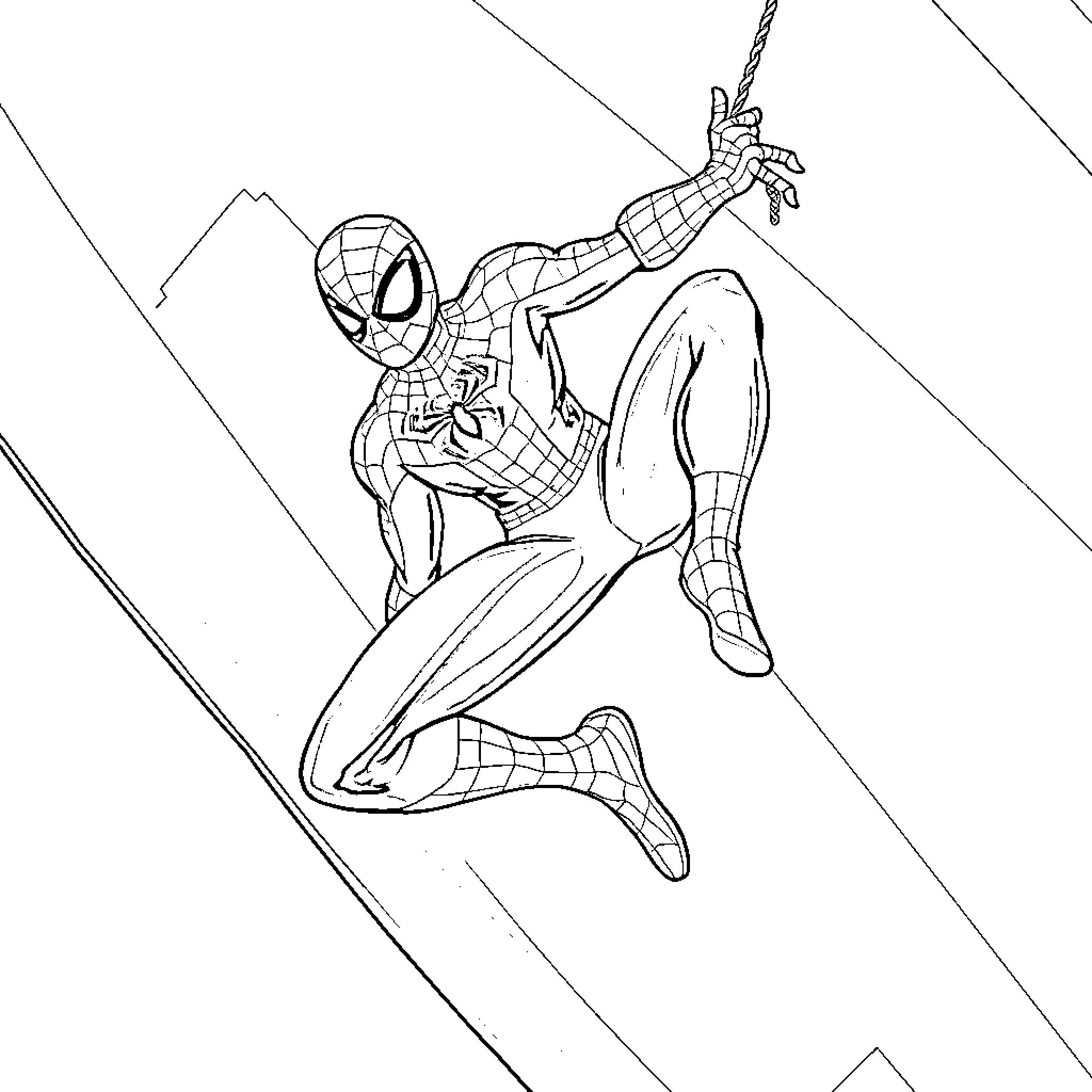 Spider-Man swinging through the city Coloring Page (free black-and-white line drawing printable PDF for all, from beginners to advanced learners, including children, teens, adults, and seniors)