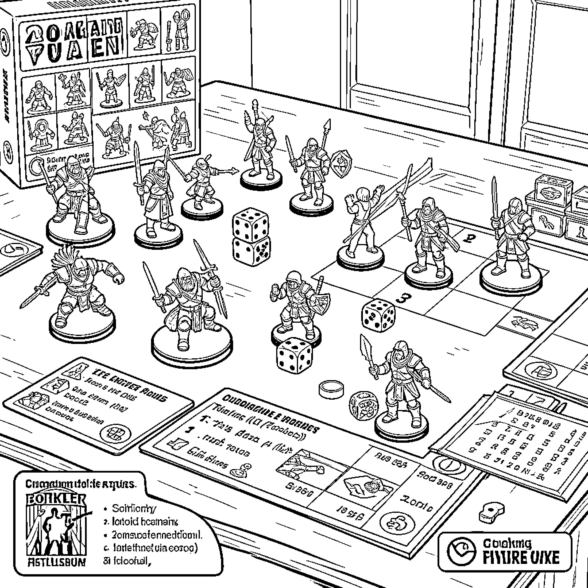 Warhammer miniatures engaged in a tabletop battle scene Coloring Page (free black-and-white line drawing printable PDF for all, from beginners to advanced learners, including children, teens, adults, and seniors)