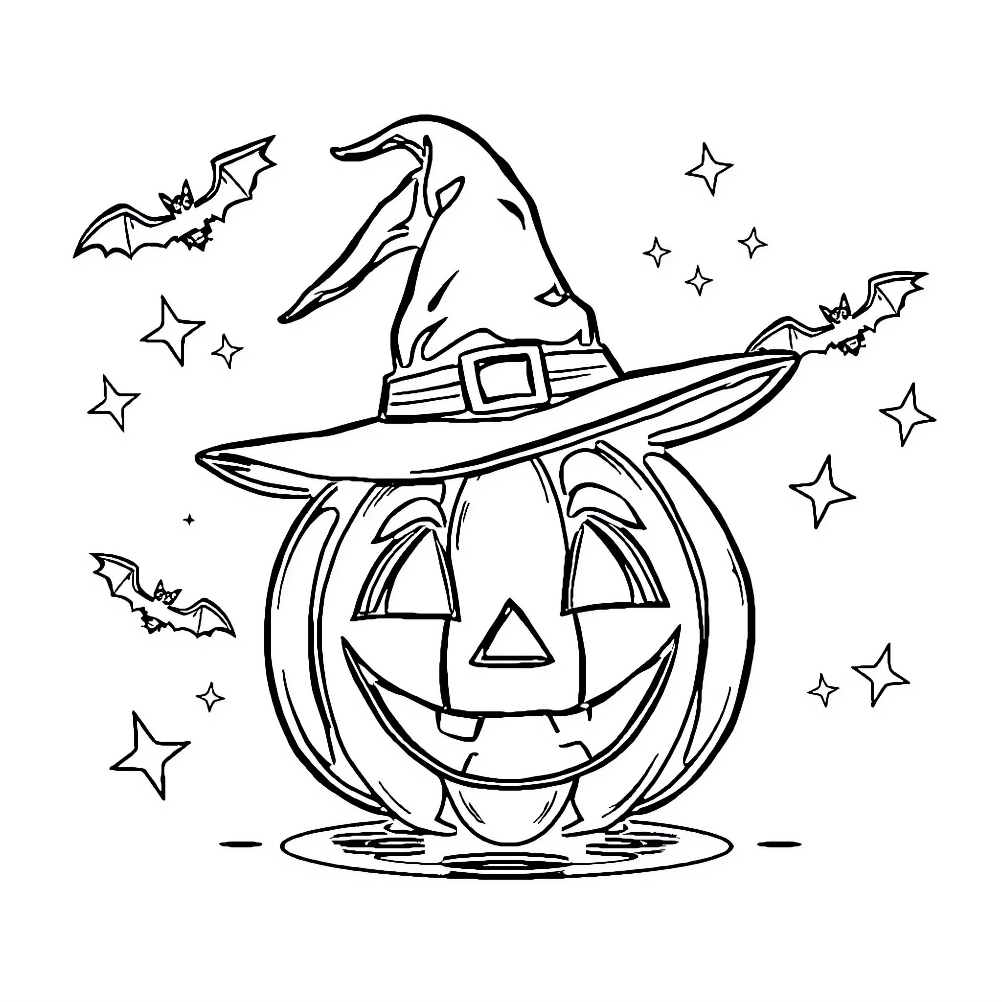 Pumpkin wearing witch hat with bats and stars Coloring Page (free black-and-white line drawing printable PDF for all, from beginners to advanced learners, including children, teens, adults, and seniors)
