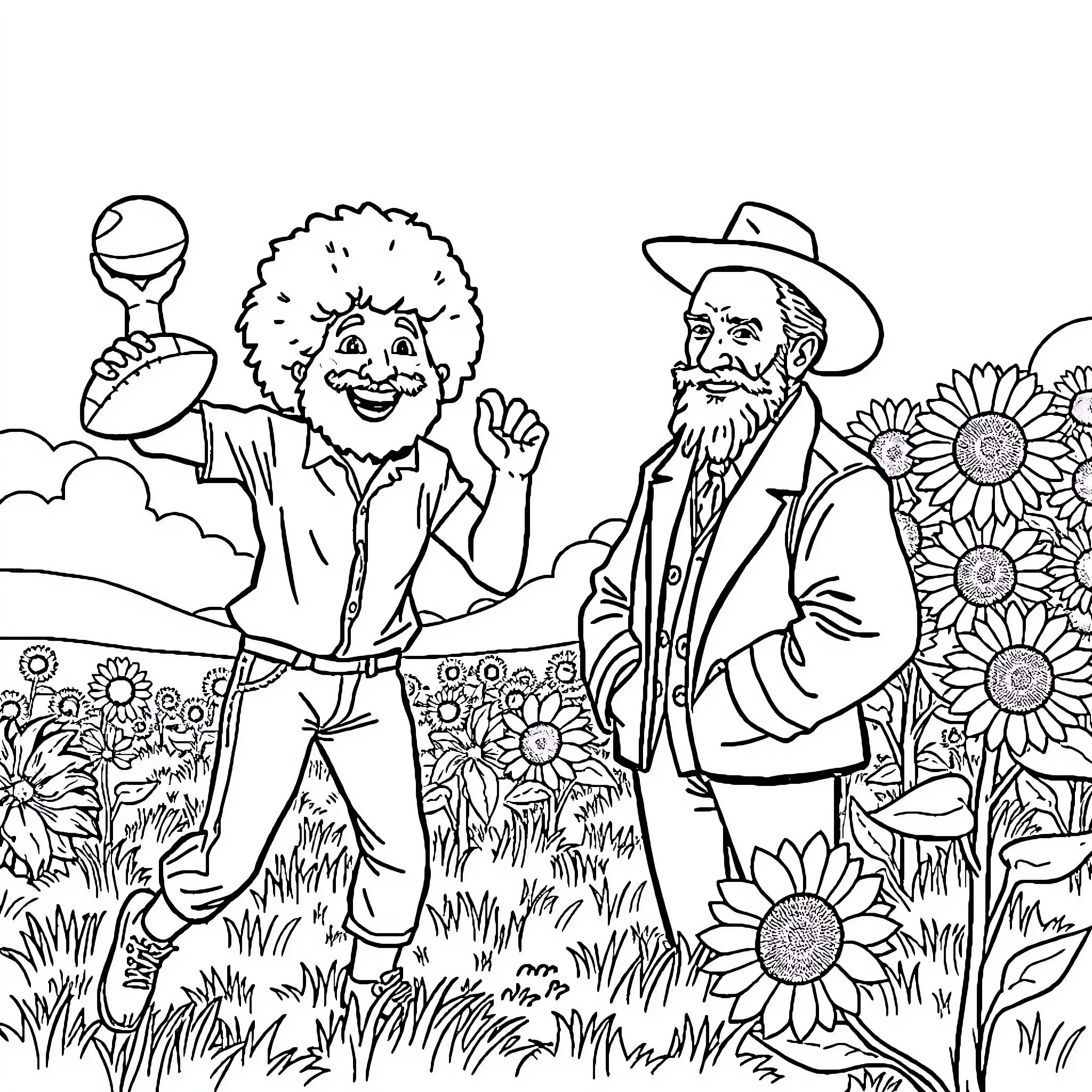 Bob Ross enjoying nature with his friend in the meadow Coloring Page (free black-and-white line drawing printable PDF for all, from beginners to advanced learners, including children, teens, adults, and seniors)