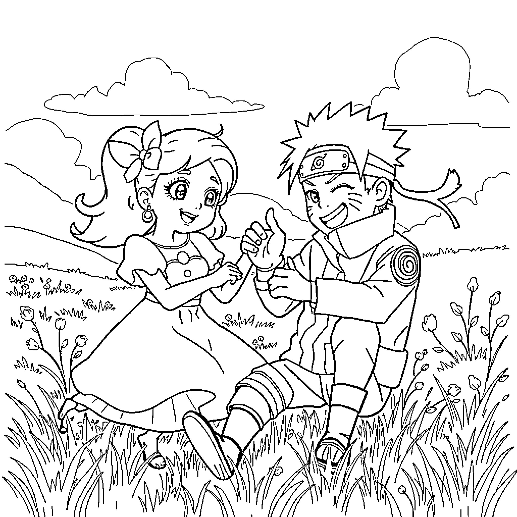 Snow White and a companion sitting in a field Coloring Page (free black-and-white line drawing printable PDF for all, from beginners to advanced learners, including children, teens, adults, and seniors)