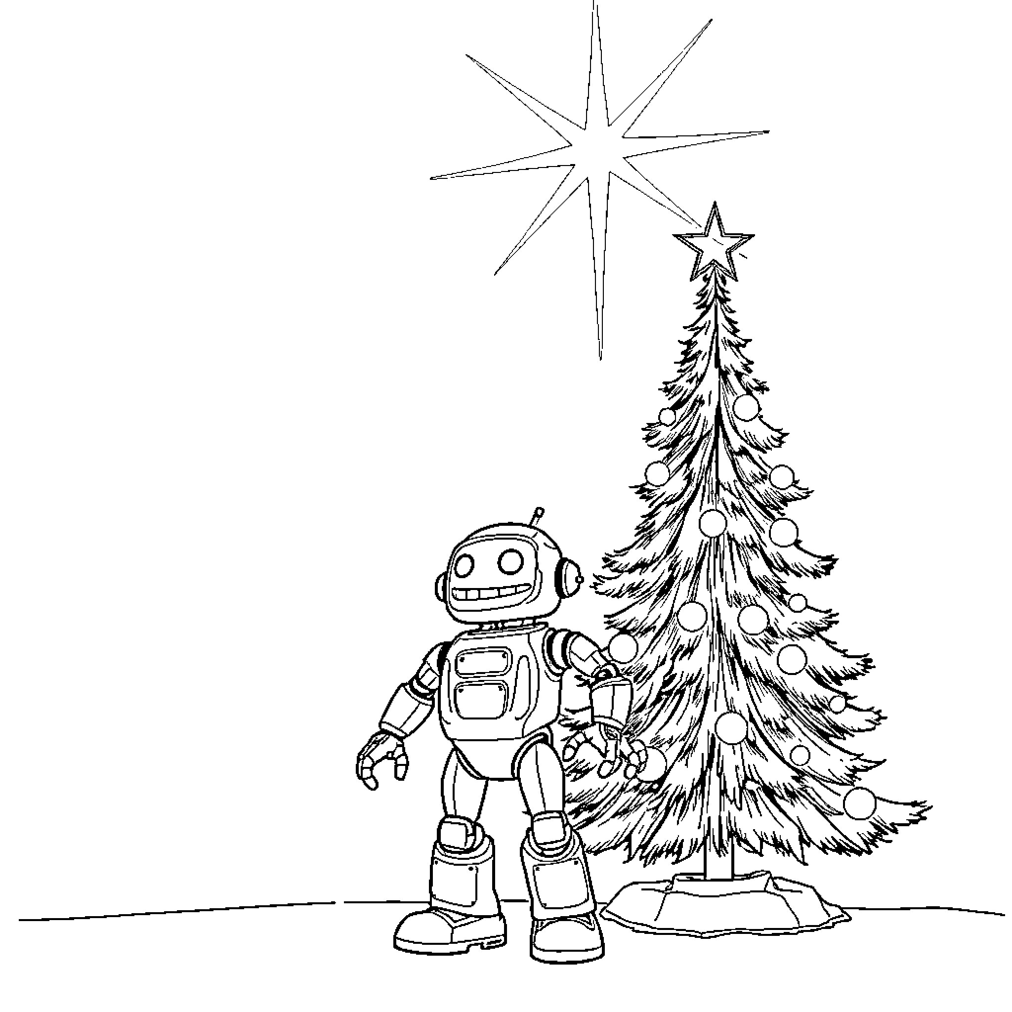 Robot admiring Christmas tree with star Coloring Page (free black-and-white line drawing printable PDF for all, from beginners to advanced learners, including children, teens, adults, and seniors)